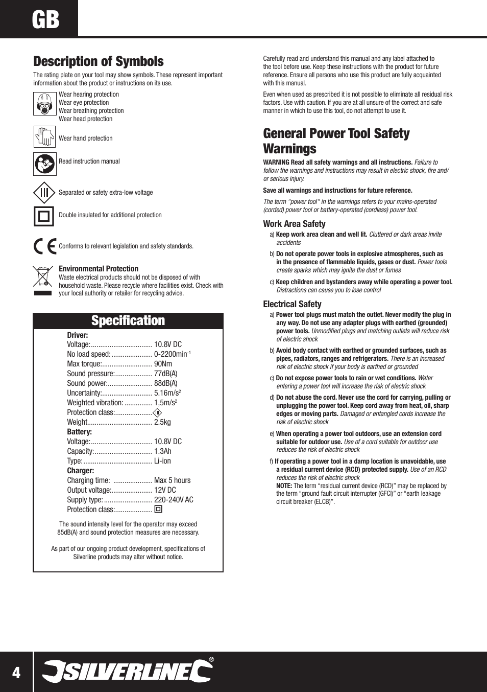 General power tool safety warnings, Description of symbols, Specification | Silverline 10.8V Twin Pack User Manual | Page 33 / 56