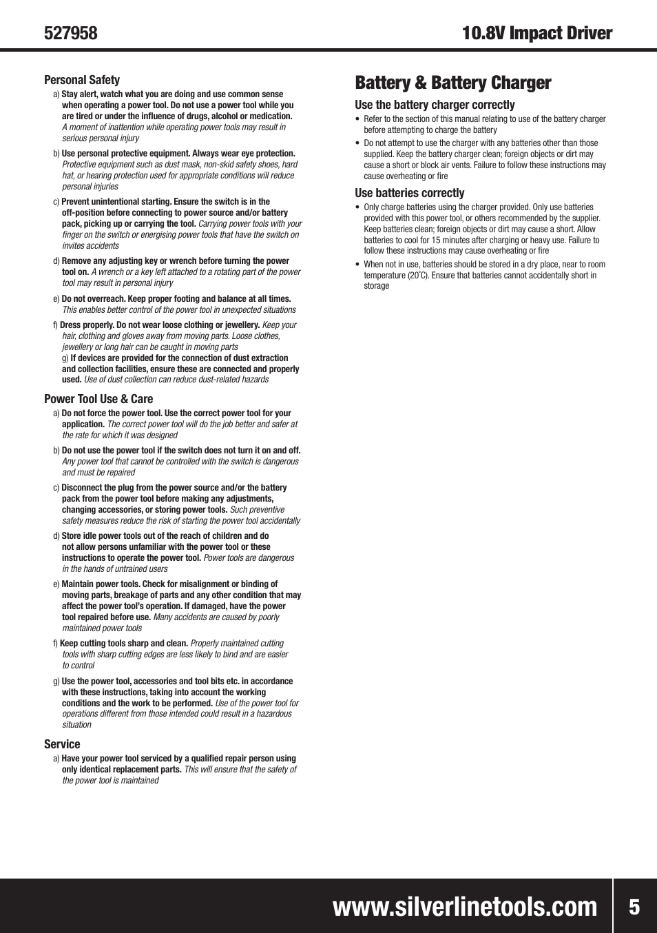 Battery & battery charger, Personal safety, Power tool use & care | Service, Use the battery charger correctly, Use batteries correctly | Silverline 10.8V Twin Pack User Manual | Page 34 / 56