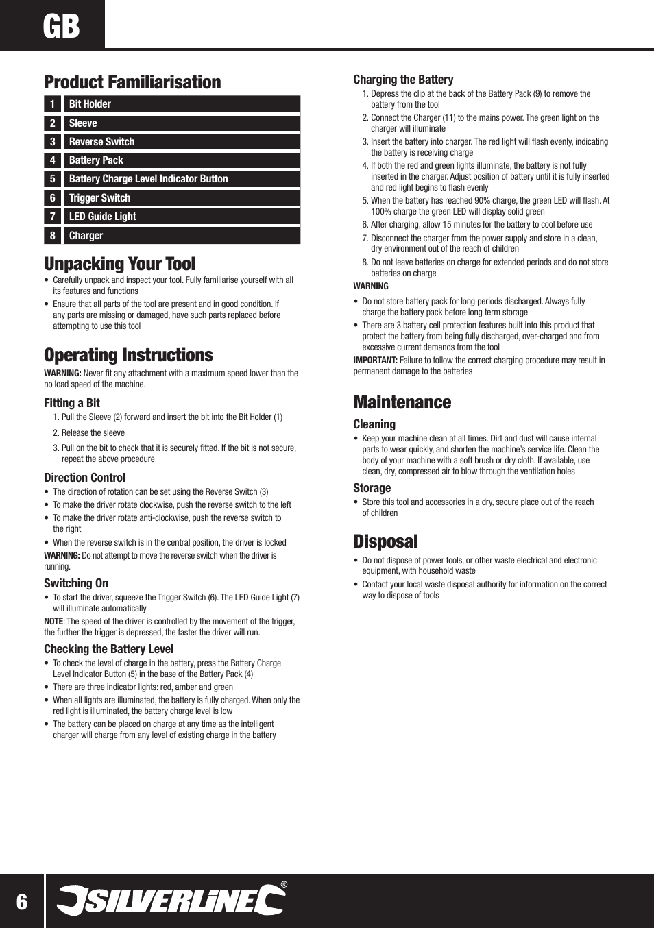 Unpacking your tool, Operating instructions, Maintenance | Disposal, Product familiarisation | Silverline 10.8V Twin Pack User Manual | Page 35 / 56