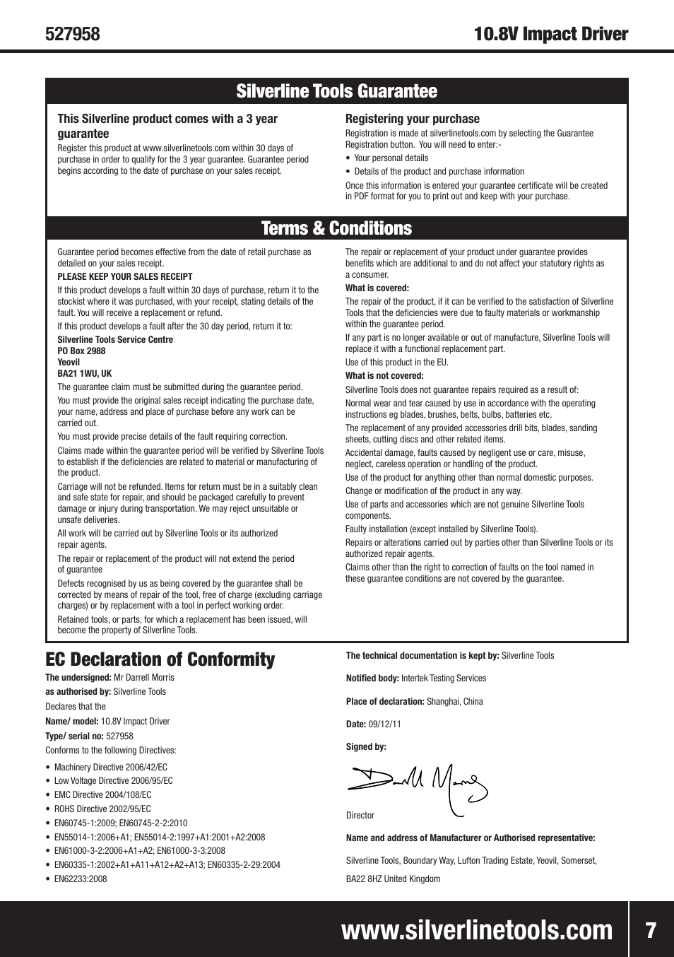 Ec declaration of conformity | Silverline 10.8V Twin Pack User Manual | Page 36 / 56