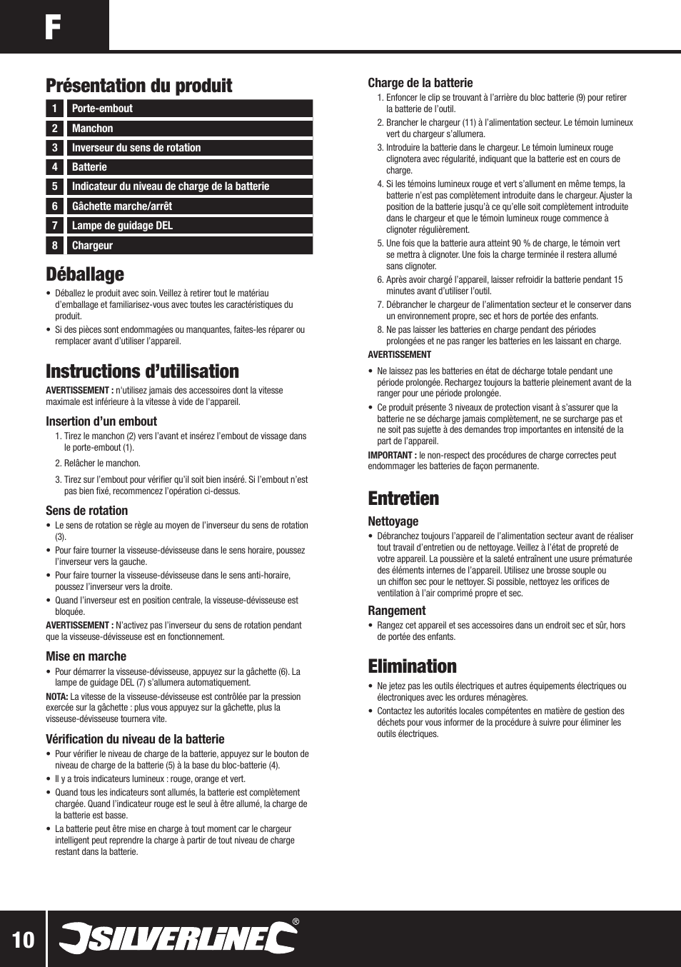 Déballage, Instructions d’utilisation, Entretien | Elimination, Présentation du produit | Silverline 10.8V Twin Pack User Manual | Page 39 / 56