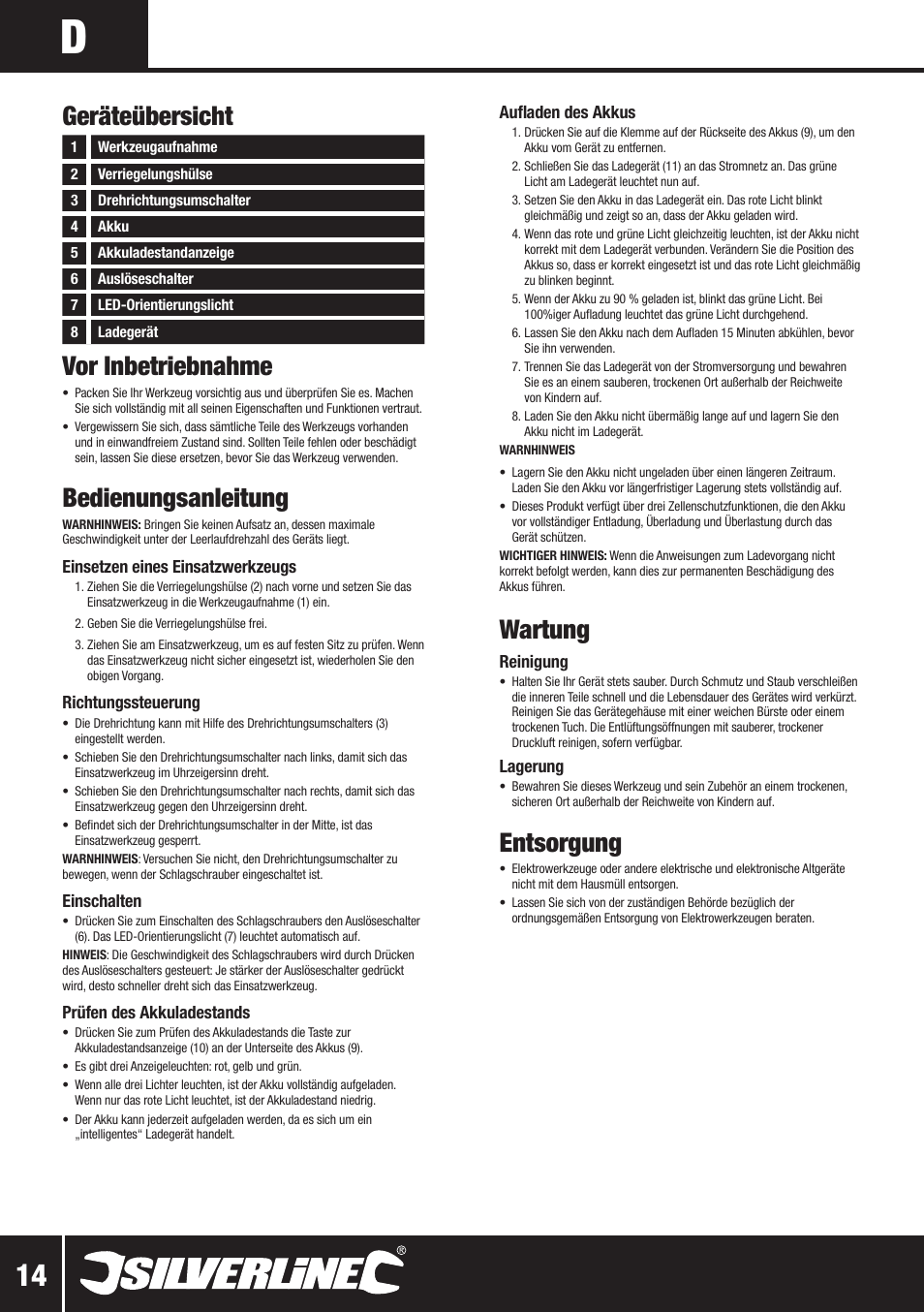 Vor inbetriebnahme, Bedienungsanleitung, Wartung | Entsorgung, Geräteübersicht | Silverline 10.8V Twin Pack User Manual | Page 43 / 56