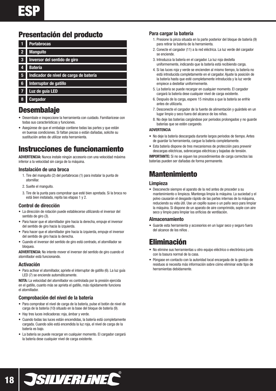 Desembalaje, Instrucciones de funcionamiento, Mantenimiento | Eliminación, Presentación del producto | Silverline 10.8V Twin Pack User Manual | Page 47 / 56