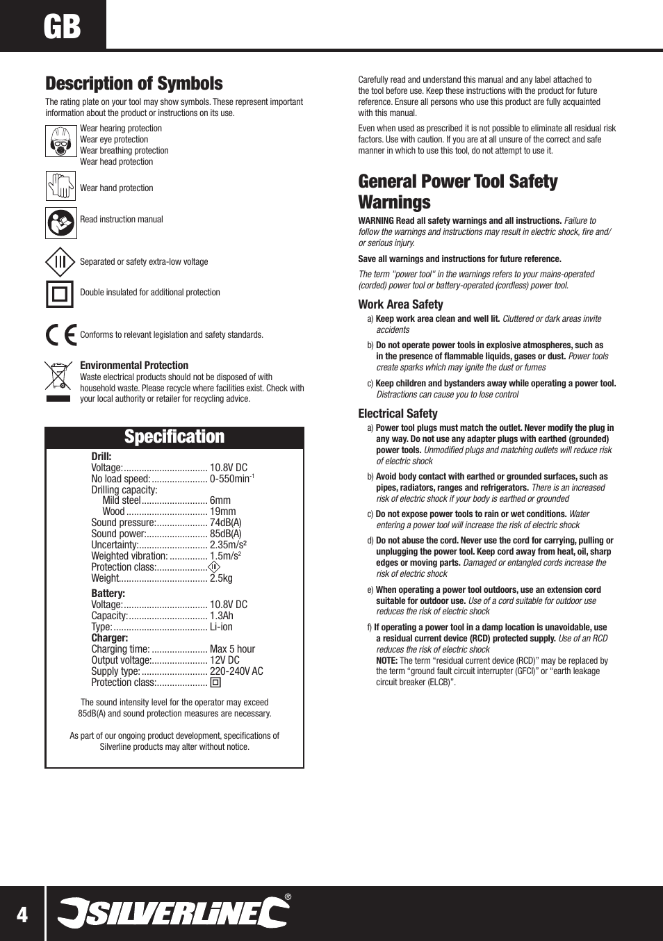 General power tool safety warnings, Description of symbols, Specification | Silverline 10.8V Twin Pack User Manual | Page 5 / 56