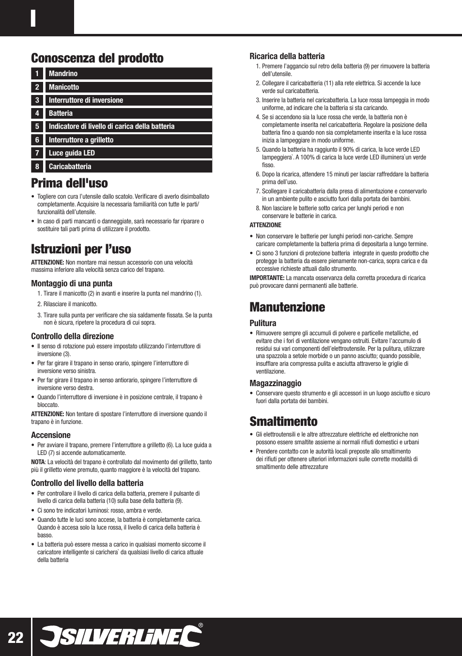 Prima dell'uso, Istruzioni per l’uso, Manutenzione | Smaltimento, Conoscenza del prodotto | Silverline 10.8V Twin Pack User Manual | Page 51 / 56