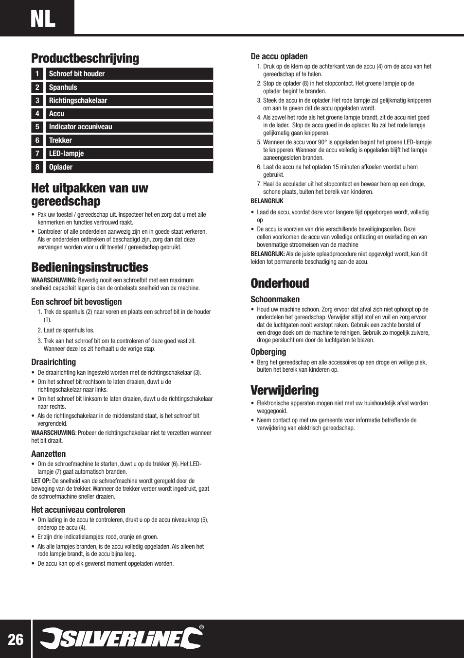 Het uitpakken van uw gereedschap, Bedieningsinstructies, Onderhoud | Verwijdering, Productbeschrijving | Silverline 10.8V Twin Pack User Manual | Page 55 / 56