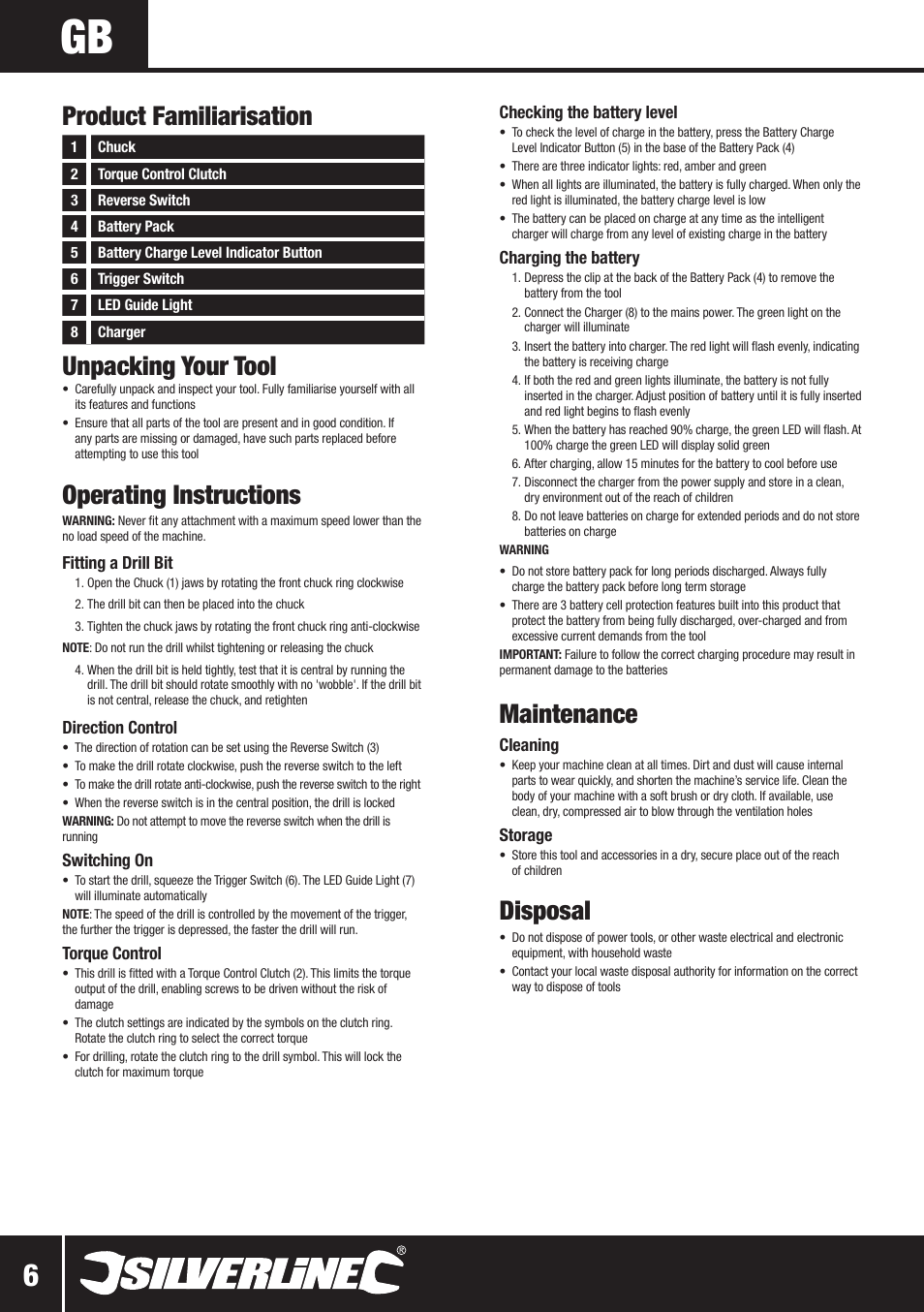 Unpacking your tool, Operating instructions, Maintenance | Disposal, Product familiarisation | Silverline 10.8V Twin Pack User Manual | Page 7 / 56