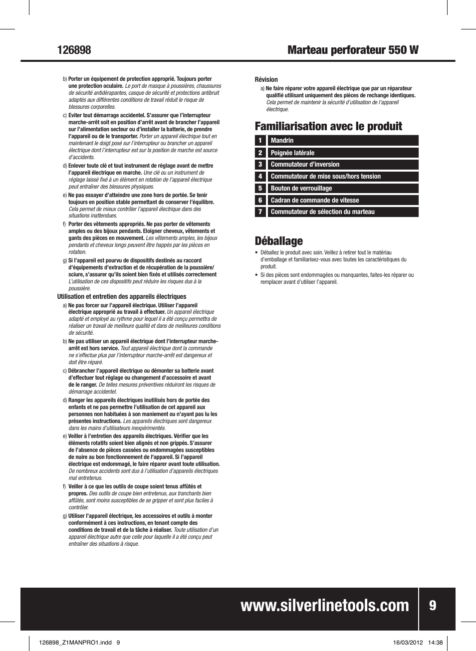 Familiarisation avec le produit, Déballage | Silverline 550W Hammer Drill User Manual | Page 10 / 28