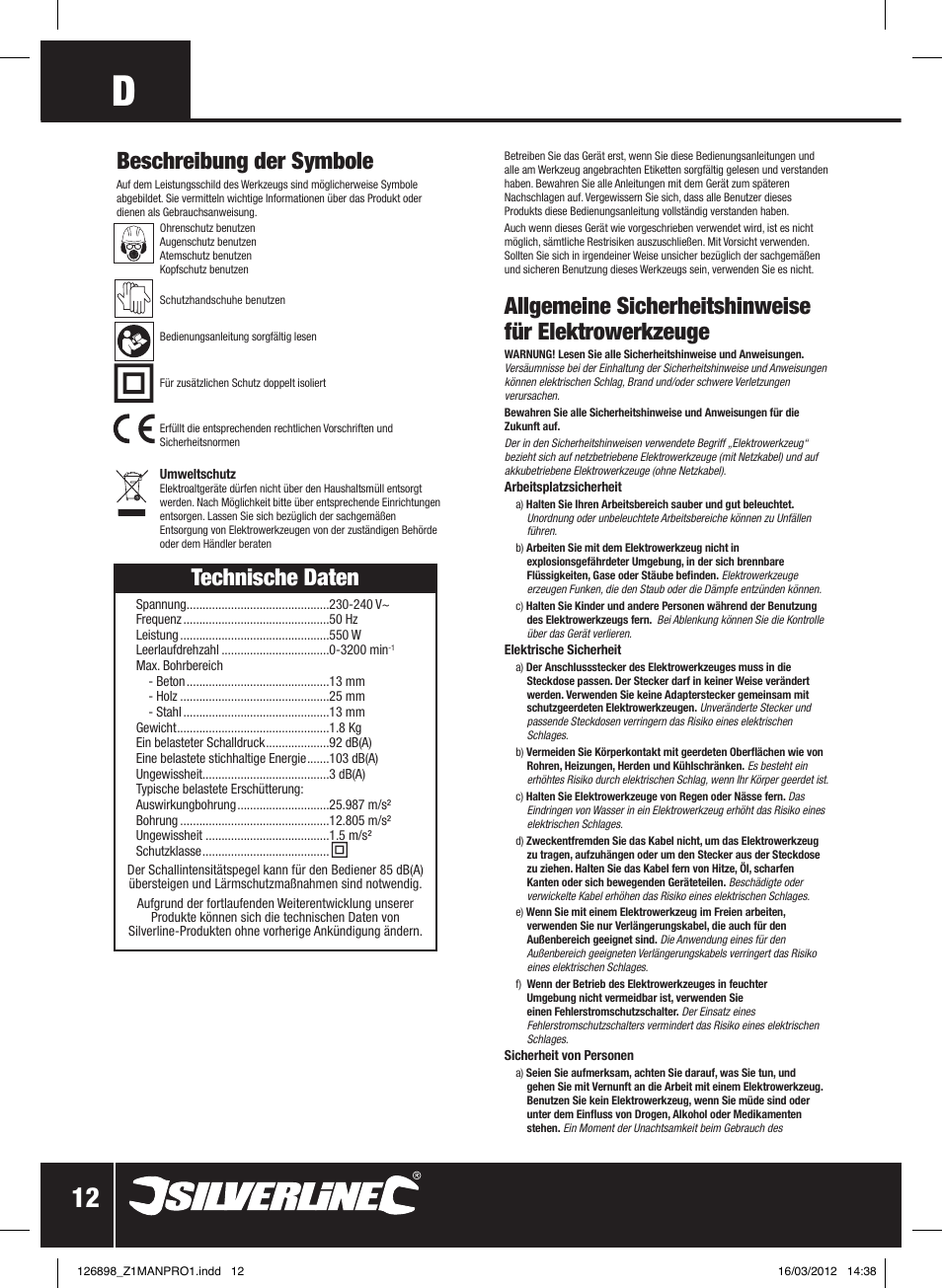 Technische daten, Beschreibung der symbole | Silverline 550W Hammer Drill User Manual | Page 13 / 28