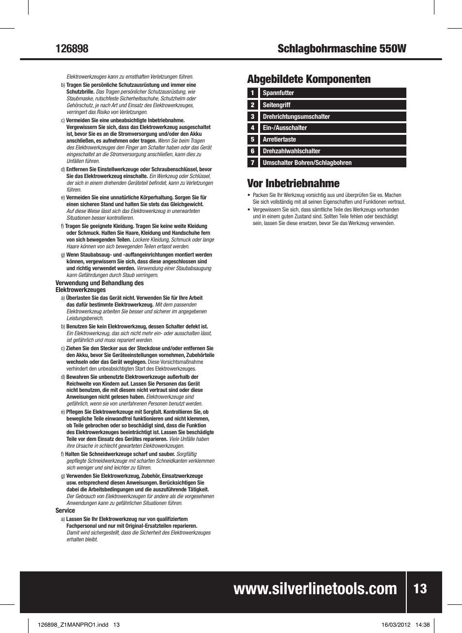 Abgebildete komponenten vor inbetriebnahme | Silverline 550W Hammer Drill User Manual | Page 14 / 28