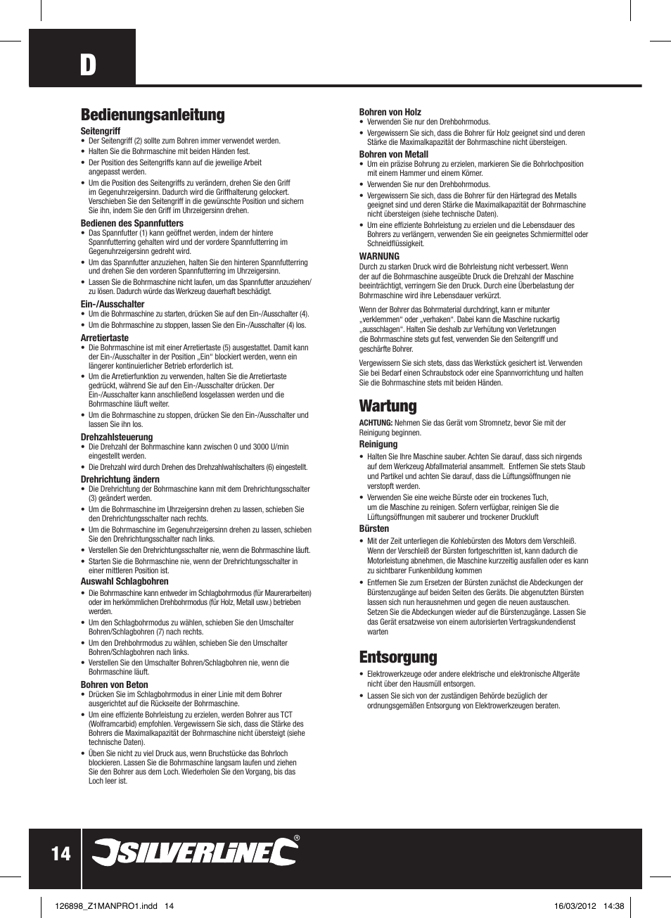 Bedienungsanleitung, Wartung, Entsorgung | Silverline 550W Hammer Drill User Manual | Page 15 / 28