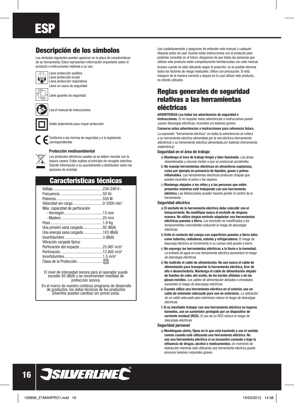 Características técnicas, Descripción de los símbolos | Silverline 550W Hammer Drill User Manual | Page 17 / 28