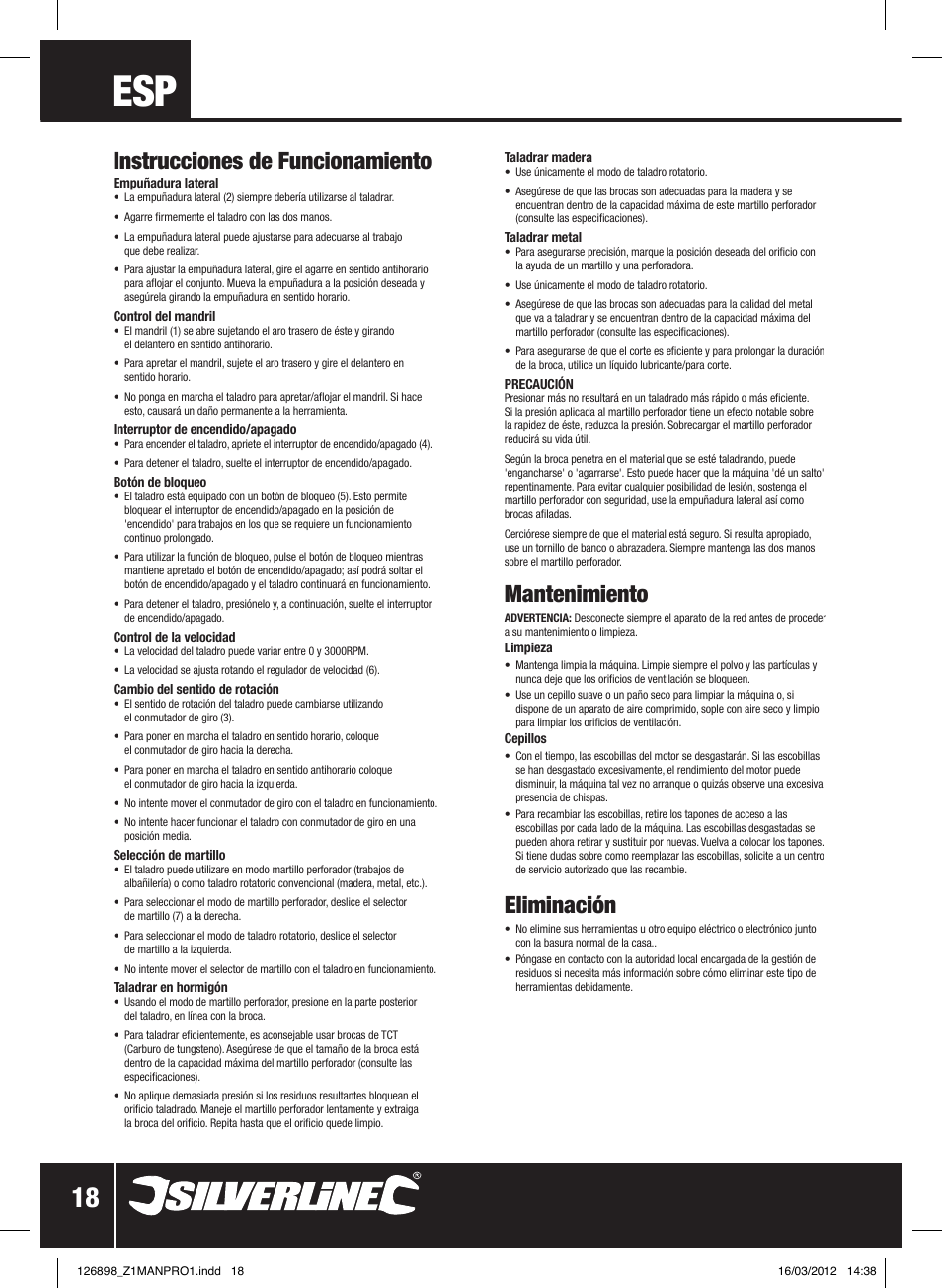 Instrucciones de funcionamiento, Mantenimiento, Eliminación | Silverline 550W Hammer Drill User Manual | Page 19 / 28