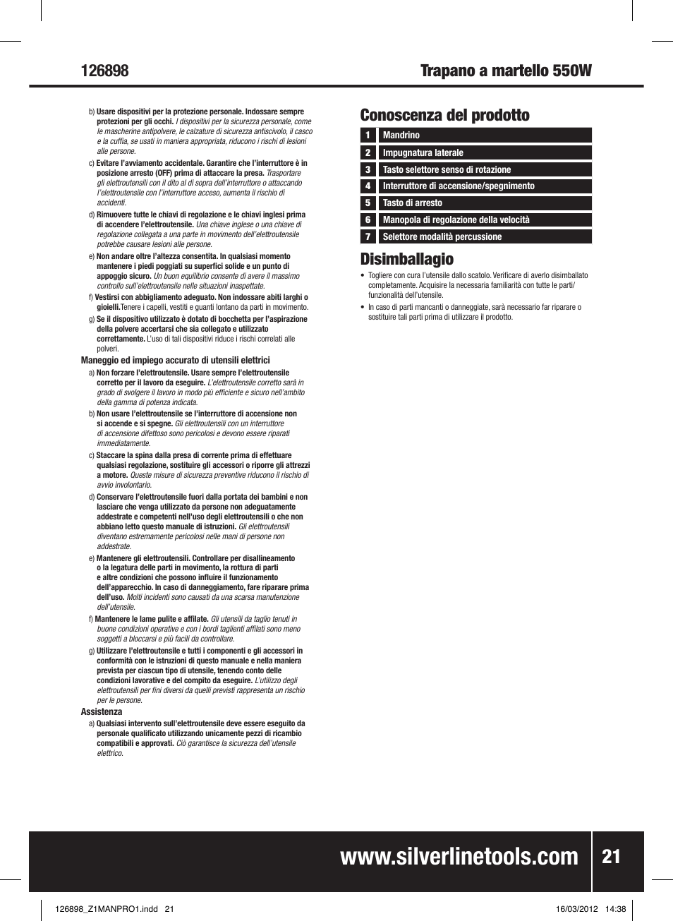 Disimballagio, Conoscenza del prodotto | Silverline 550W Hammer Drill User Manual | Page 22 / 28