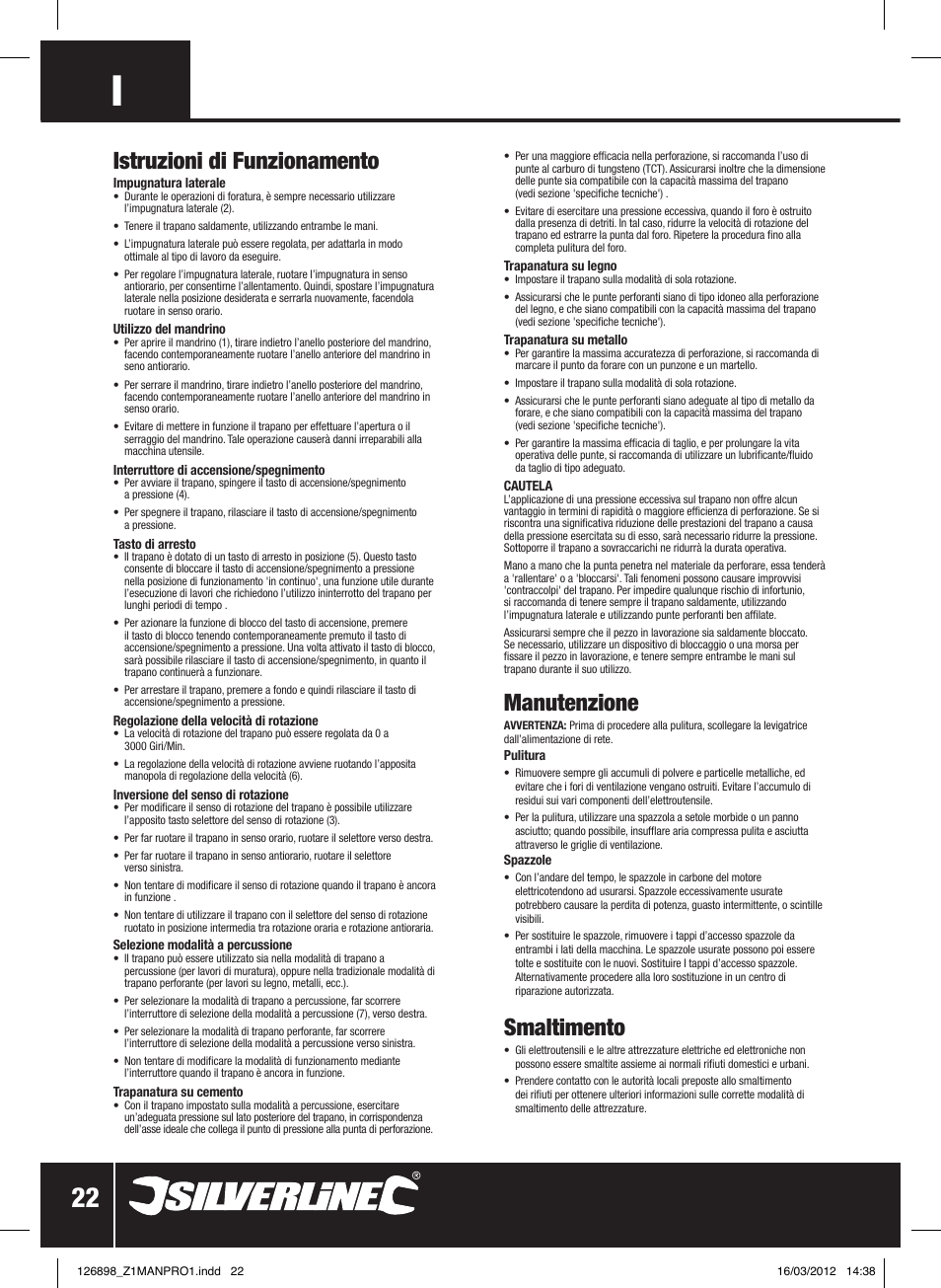 Istruzioni di funzionamento, Manutenzione, Smaltimento | Silverline 550W Hammer Drill User Manual | Page 23 / 28