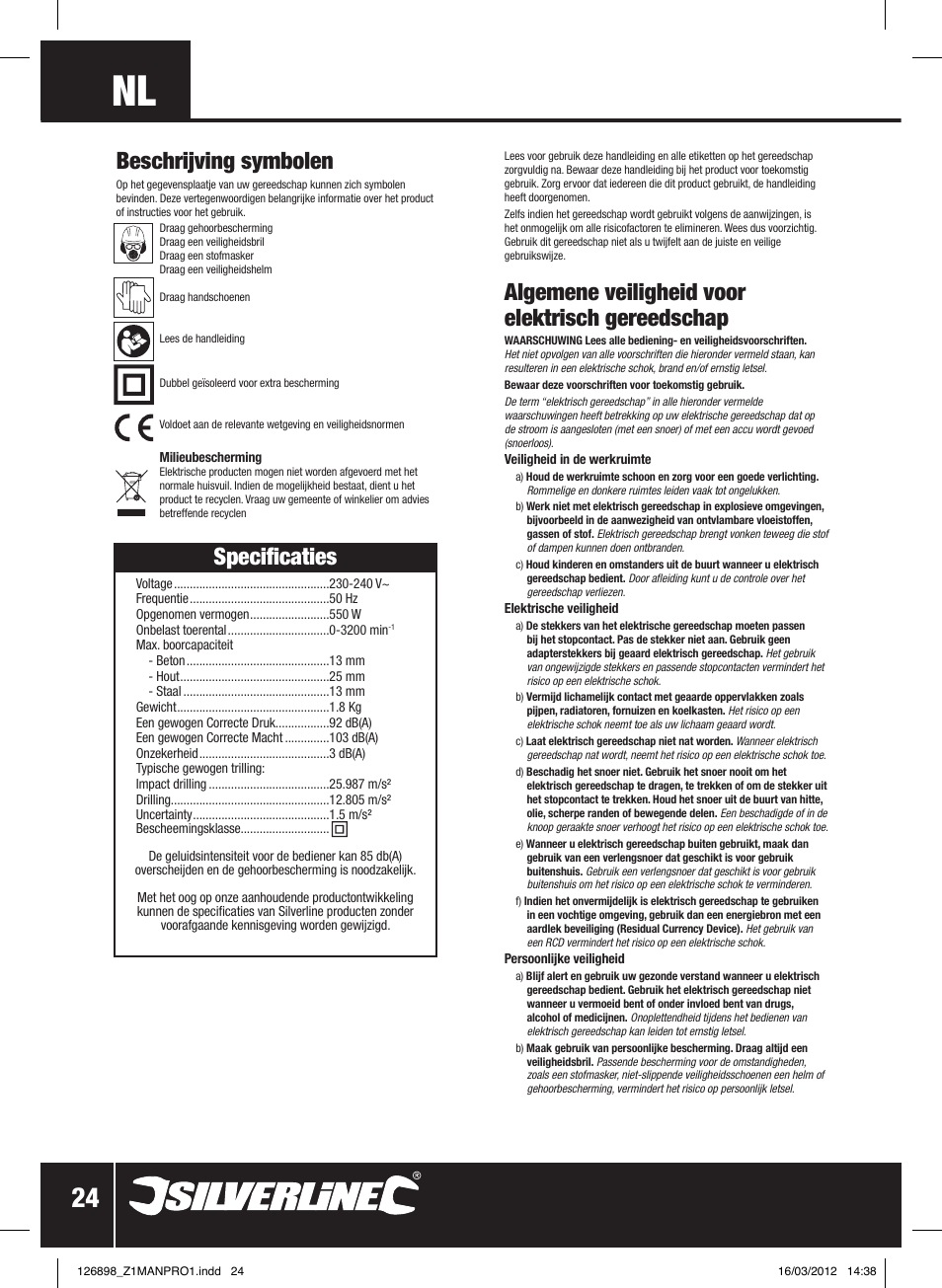 Algemene veiligheid voor elektrisch gereedschap, Specificaties, Beschrijving symbolen | Silverline 550W Hammer Drill User Manual | Page 25 / 28