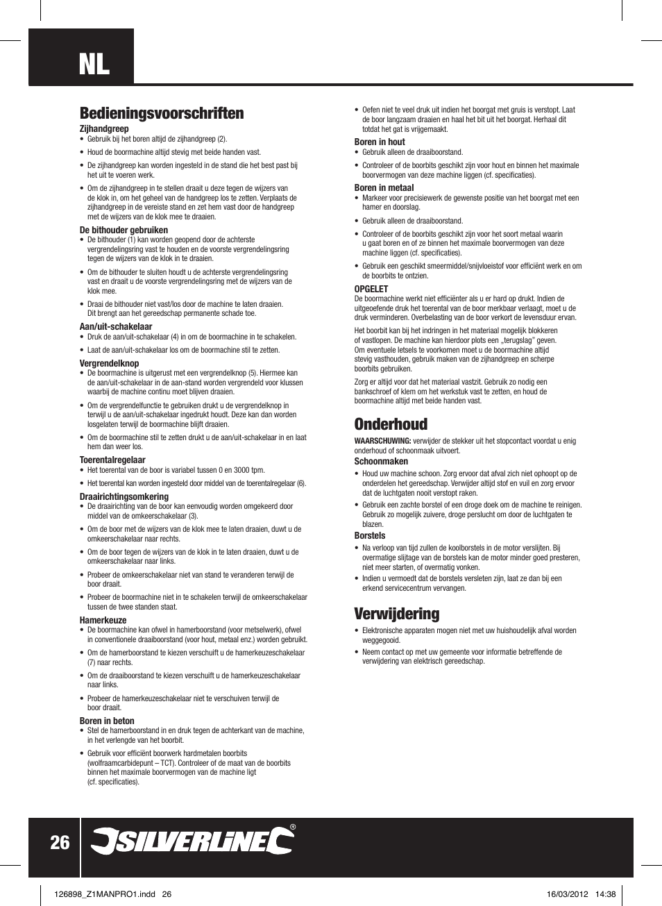 Bedieningsvoorschriften, Onderhoud, Verwijdering | Silverline 550W Hammer Drill User Manual | Page 27 / 28