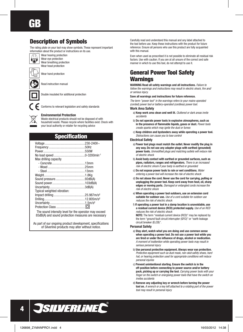 Specification, General power tool safety warnings, Description of symbols | Silverline 550W Hammer Drill User Manual | Page 5 / 28