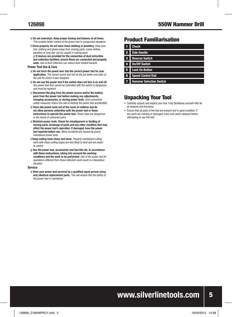 Product familiarisation unpacking your tool | Silverline 550W Hammer Drill User Manual | Page 6 / 28