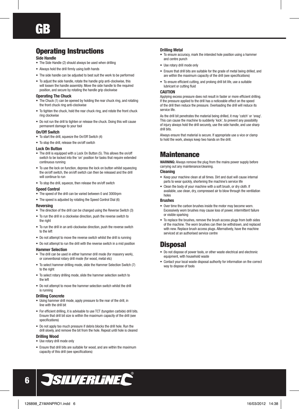 Operating instructions, Maintenance, Disposal | Silverline 550W Hammer Drill User Manual | Page 7 / 28