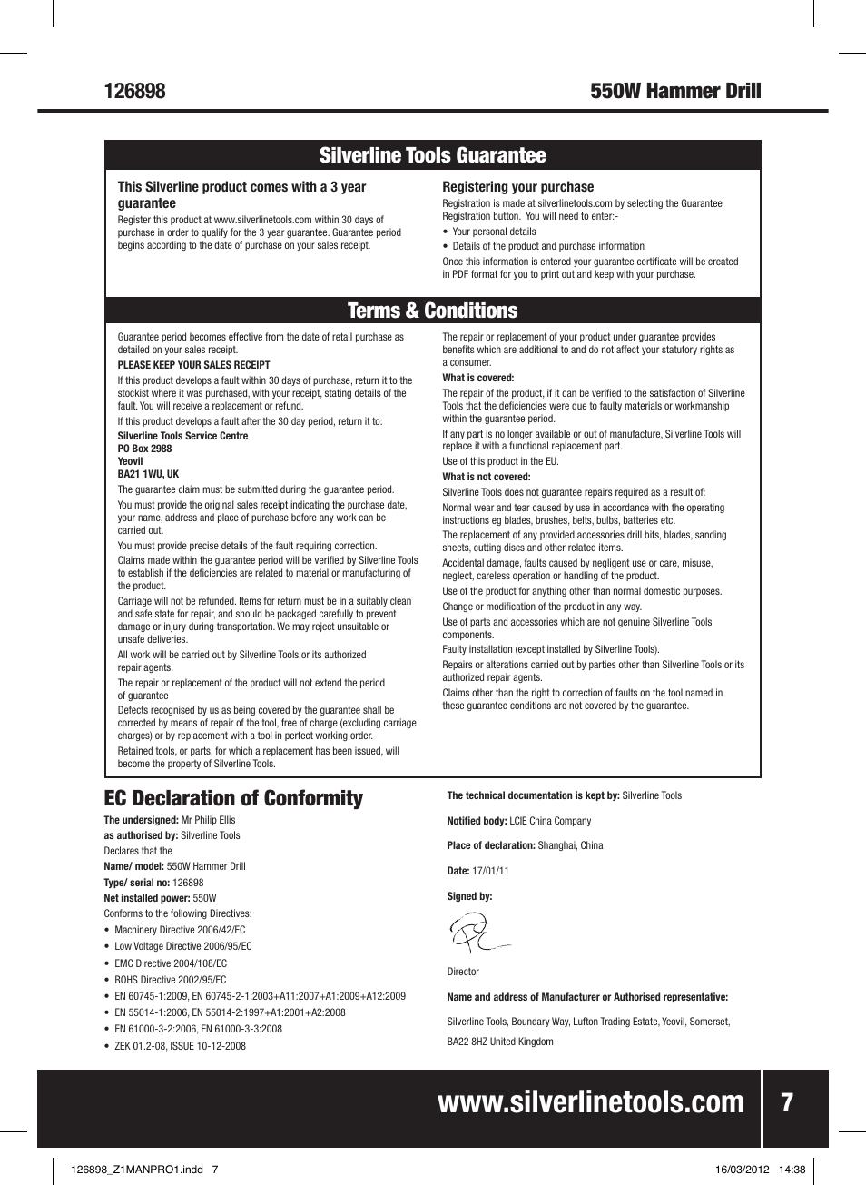 Terms & conditions silverline tools guarantee | Silverline 550W Hammer Drill User Manual | Page 8 / 28