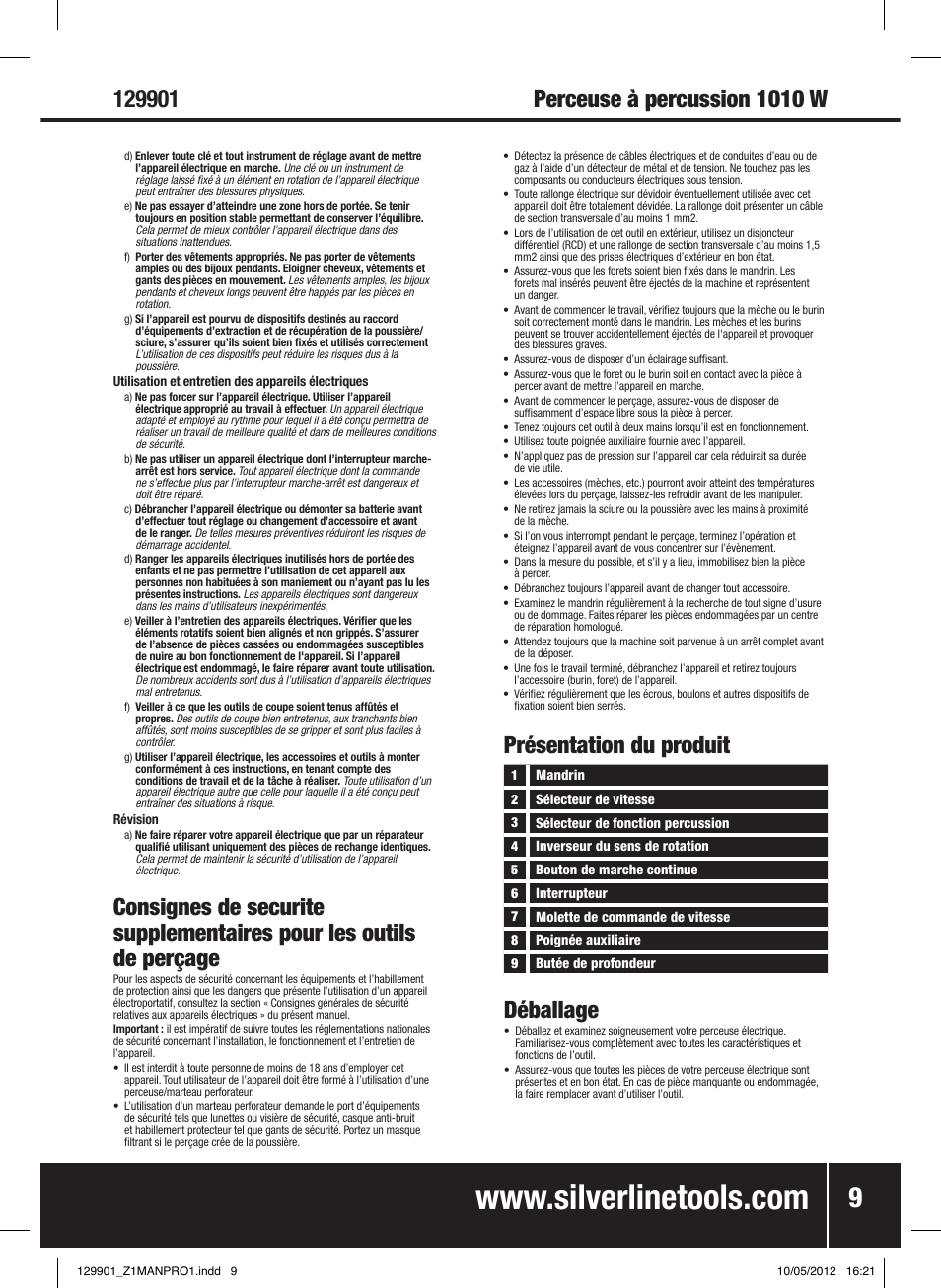 Présentation du produit déballage | Silverline 1010W Hammer Drill User Manual | Page 10 / 28