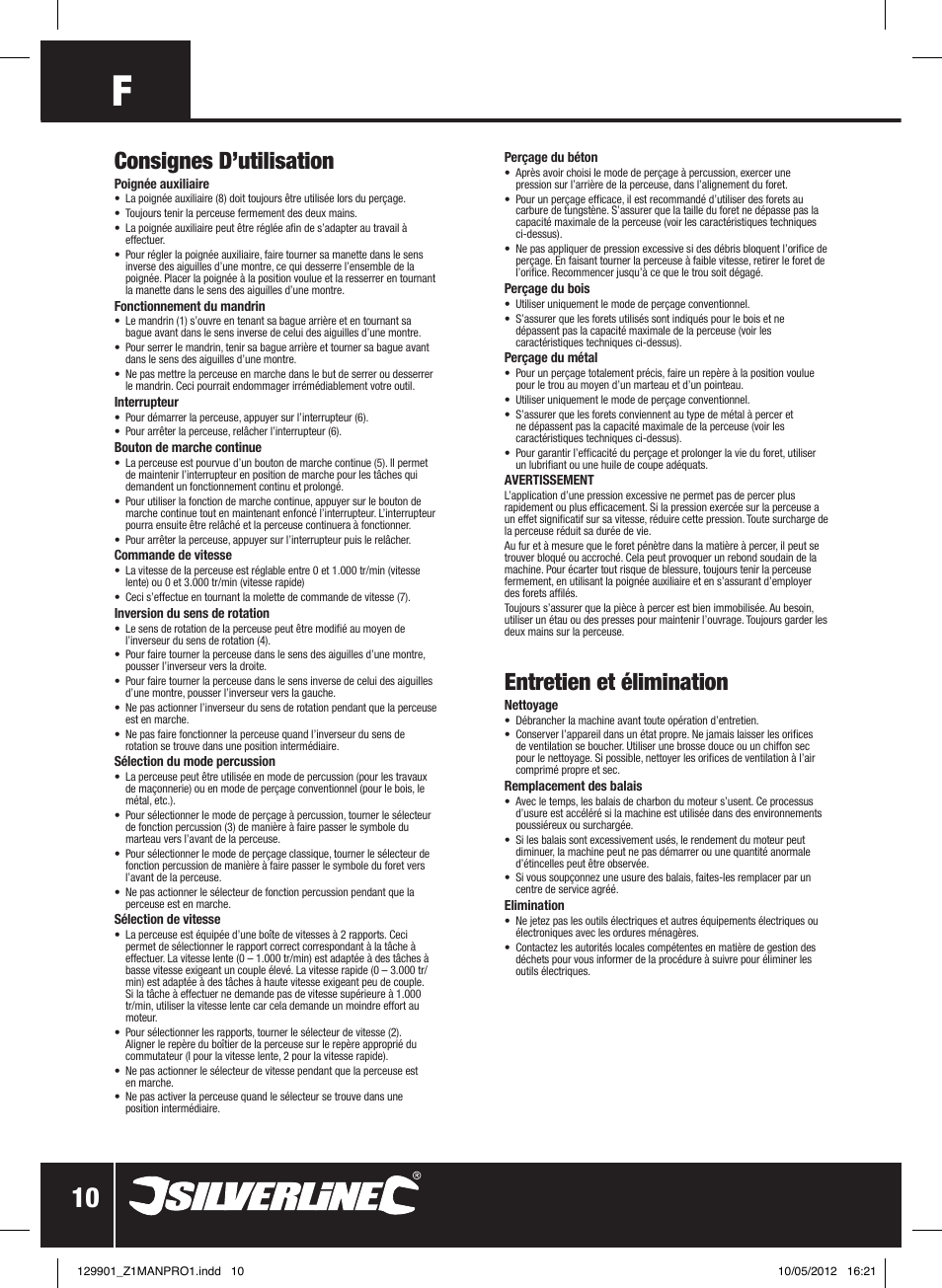 Consignes d’utilisation, Entretien et élimination | Silverline 1010W Hammer Drill User Manual | Page 11 / 28