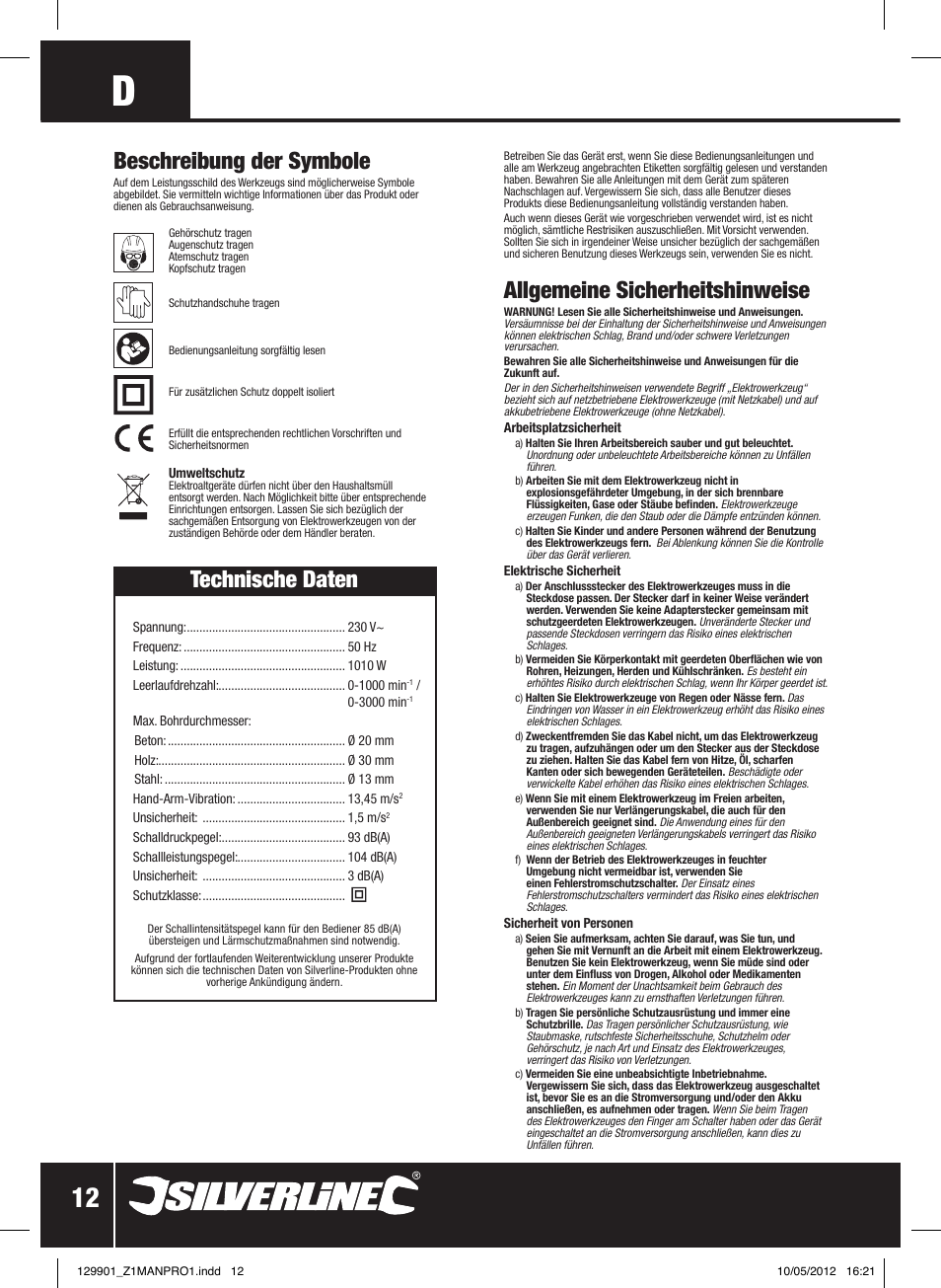 Technische daten, Beschreibung der symbole, Allgemeine sicherheitshinweise | Silverline 1010W Hammer Drill User Manual | Page 13 / 28