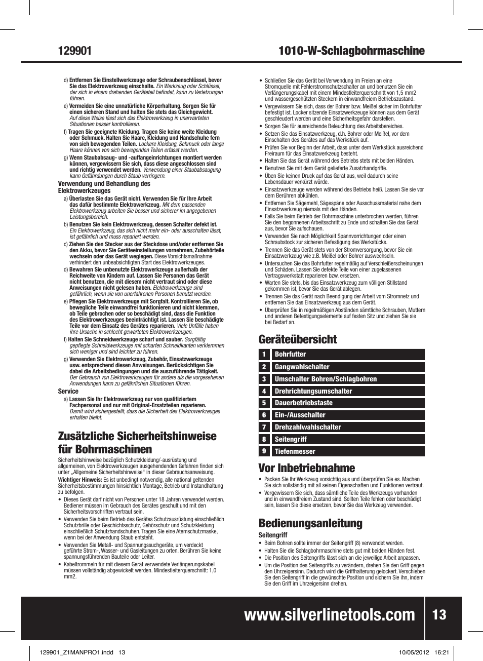 Zusätzliche sicherheitshinweise für bohrmaschinen, Geräteübersicht vor inbetriebnahme, Bedienungsanleitung | Silverline 1010W Hammer Drill User Manual | Page 14 / 28