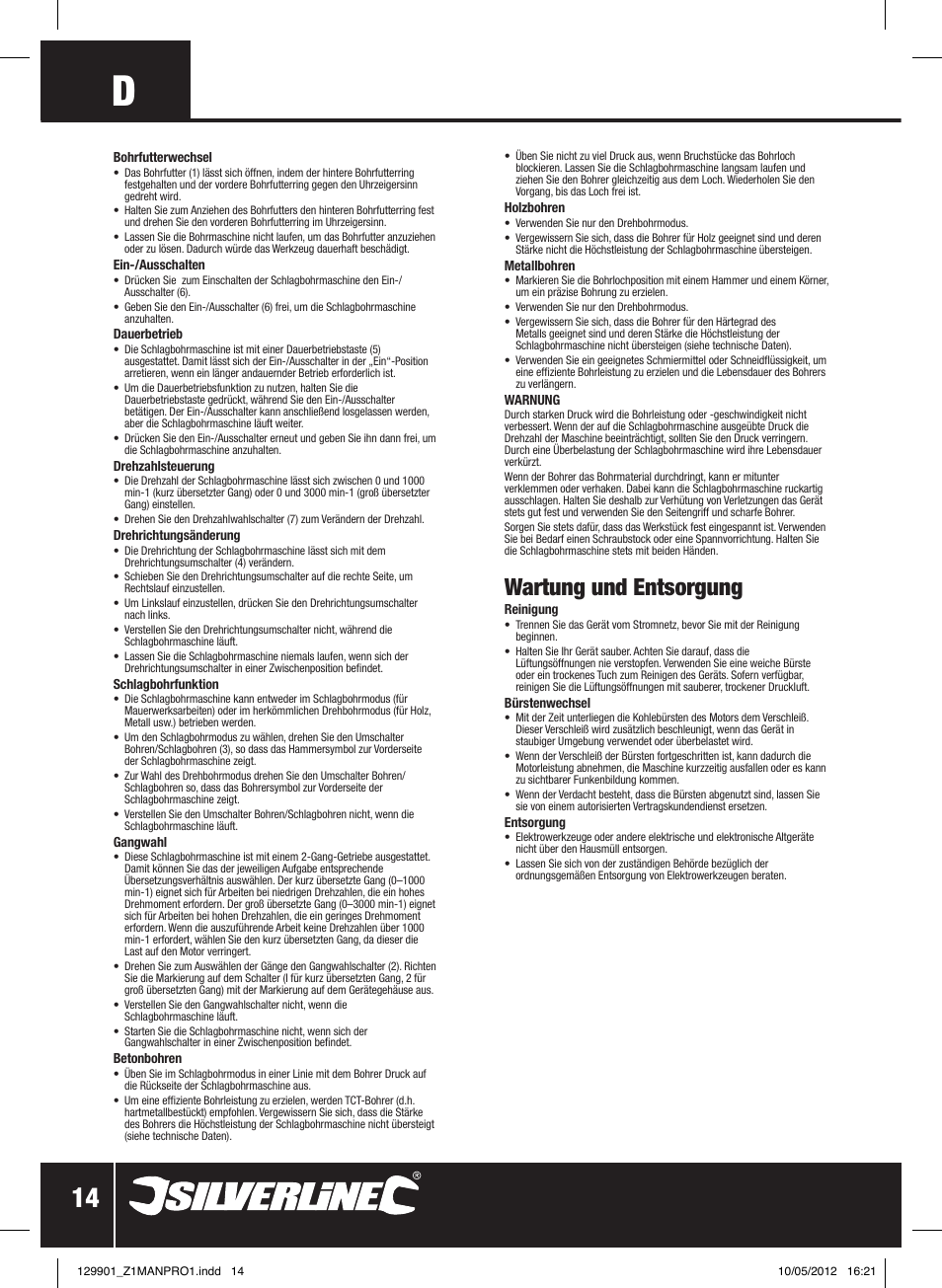 Wartung und entsorgung | Silverline 1010W Hammer Drill User Manual | Page 15 / 28