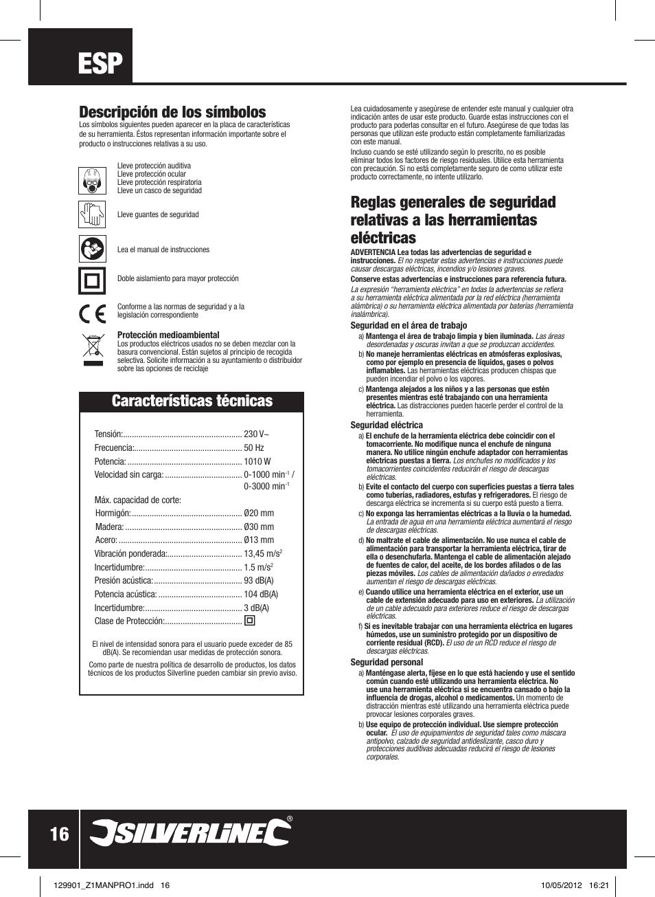 Características técnicas, Descripción de los símbolos | Silverline 1010W Hammer Drill User Manual | Page 17 / 28