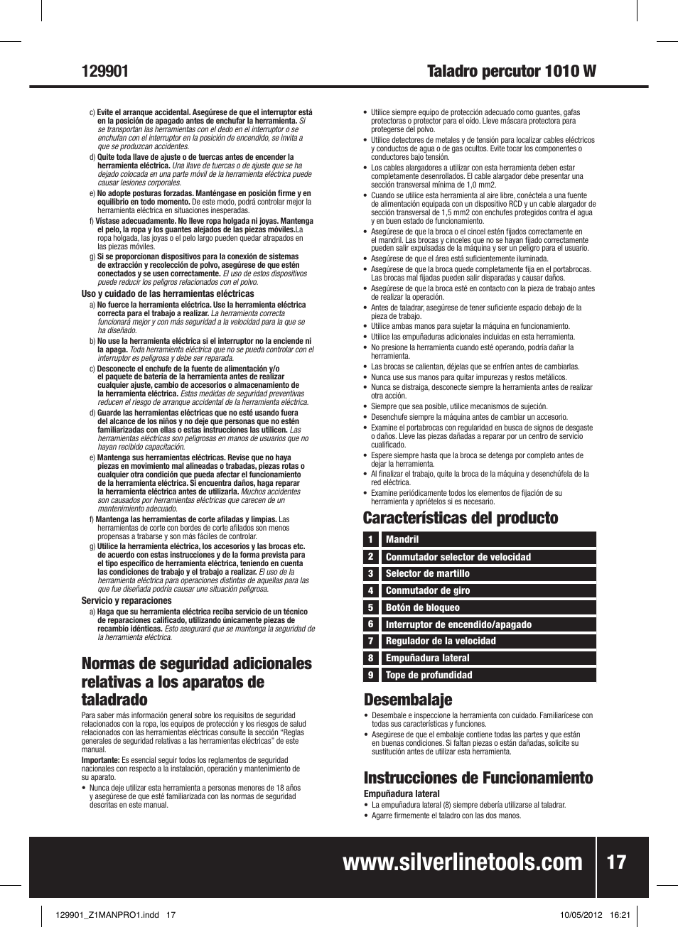 Instrucciones de funcionamiento, Características del producto | Silverline 1010W Hammer Drill User Manual | Page 18 / 28