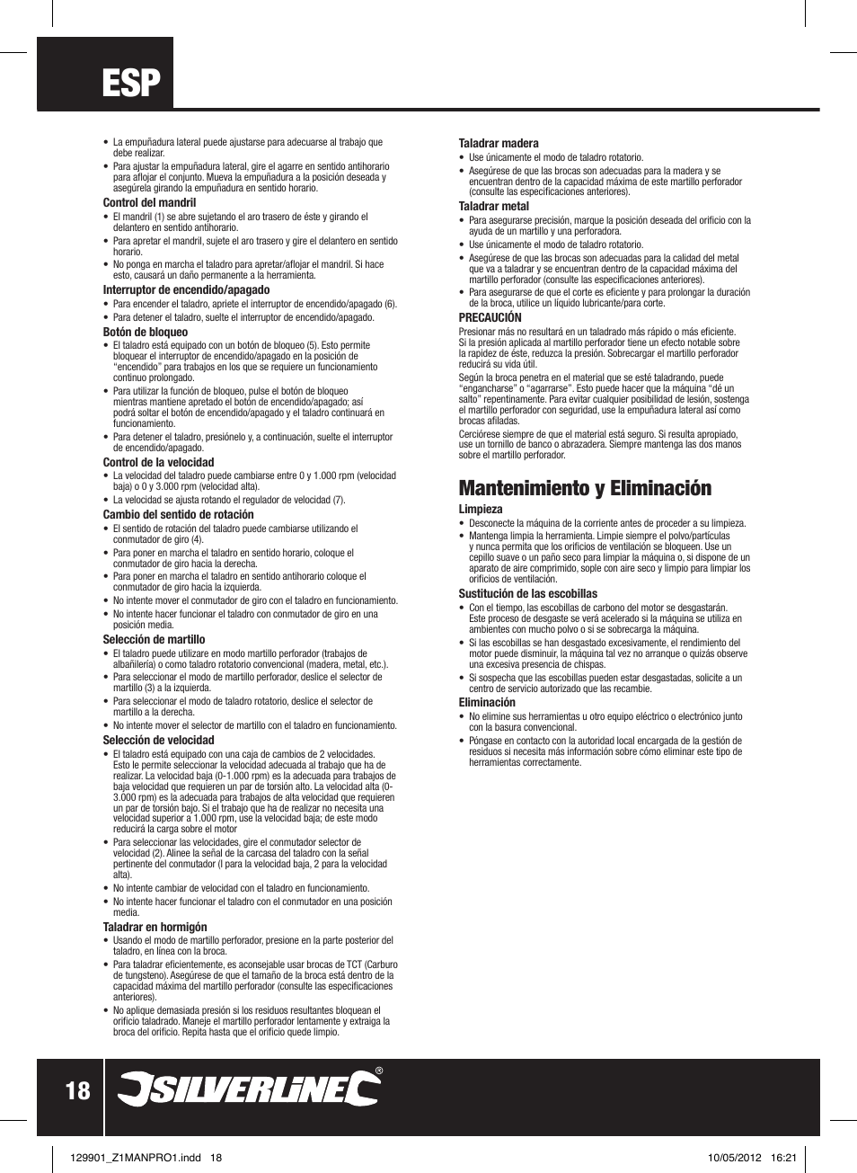 Mantenimiento y eliminación | Silverline 1010W Hammer Drill User Manual | Page 19 / 28