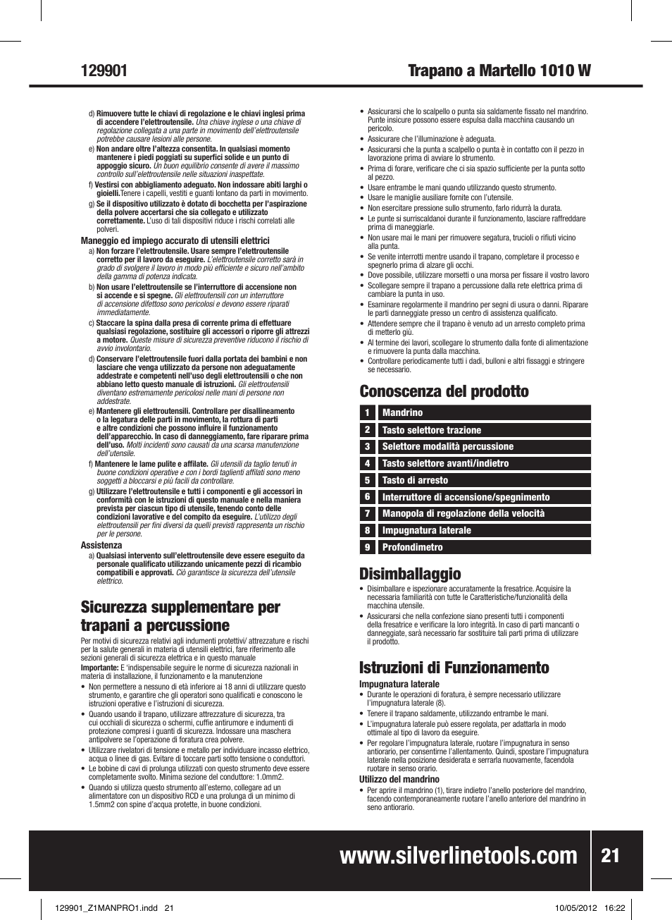 Istruzioni di funzionamento, Sicurezza supplementare per trapani a percussione, Conoscenza del prodotto | Silverline 1010W Hammer Drill User Manual | Page 22 / 28