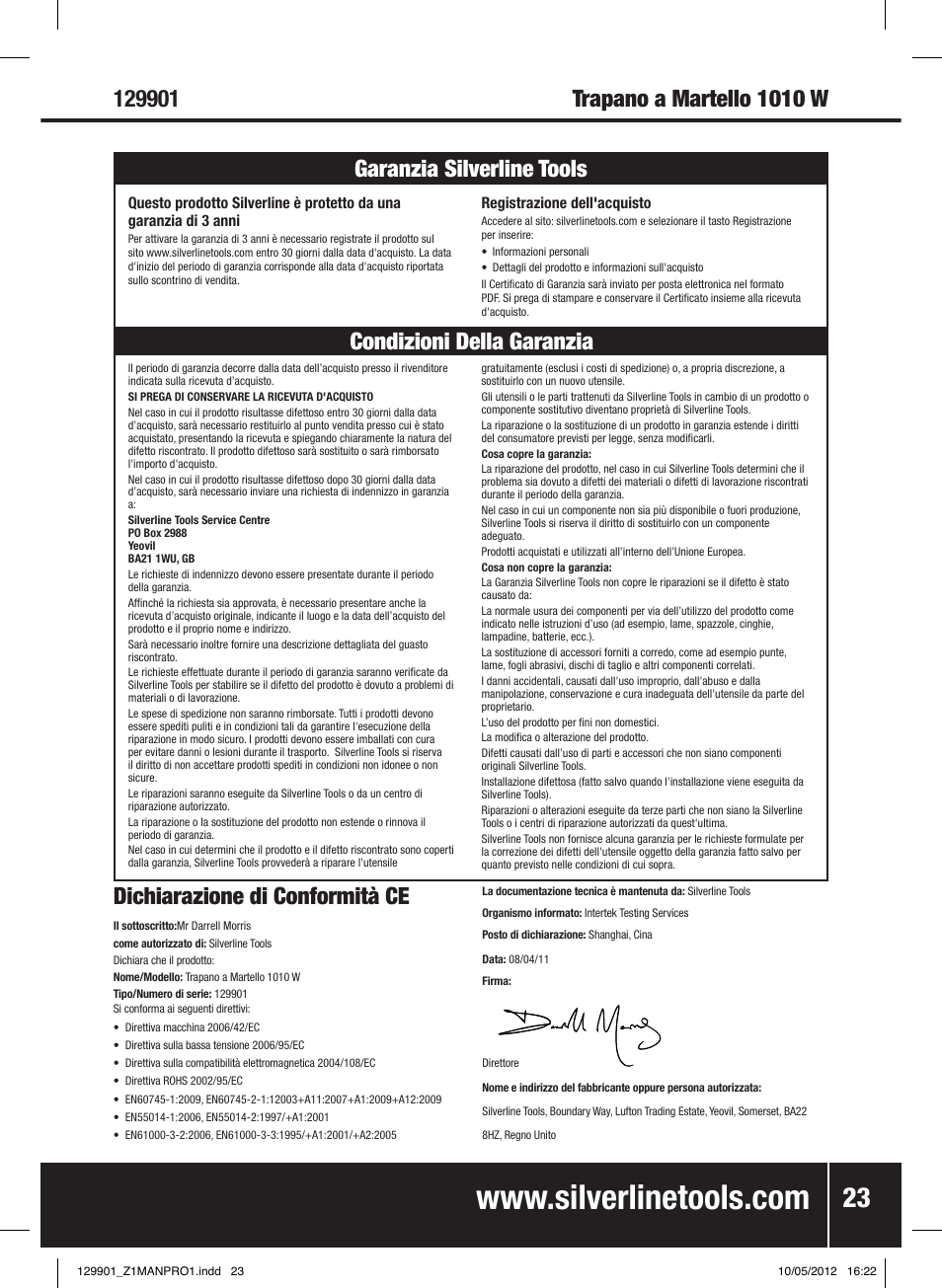 Dichiarazione di conformità ce | Silverline 1010W Hammer Drill User Manual | Page 24 / 28