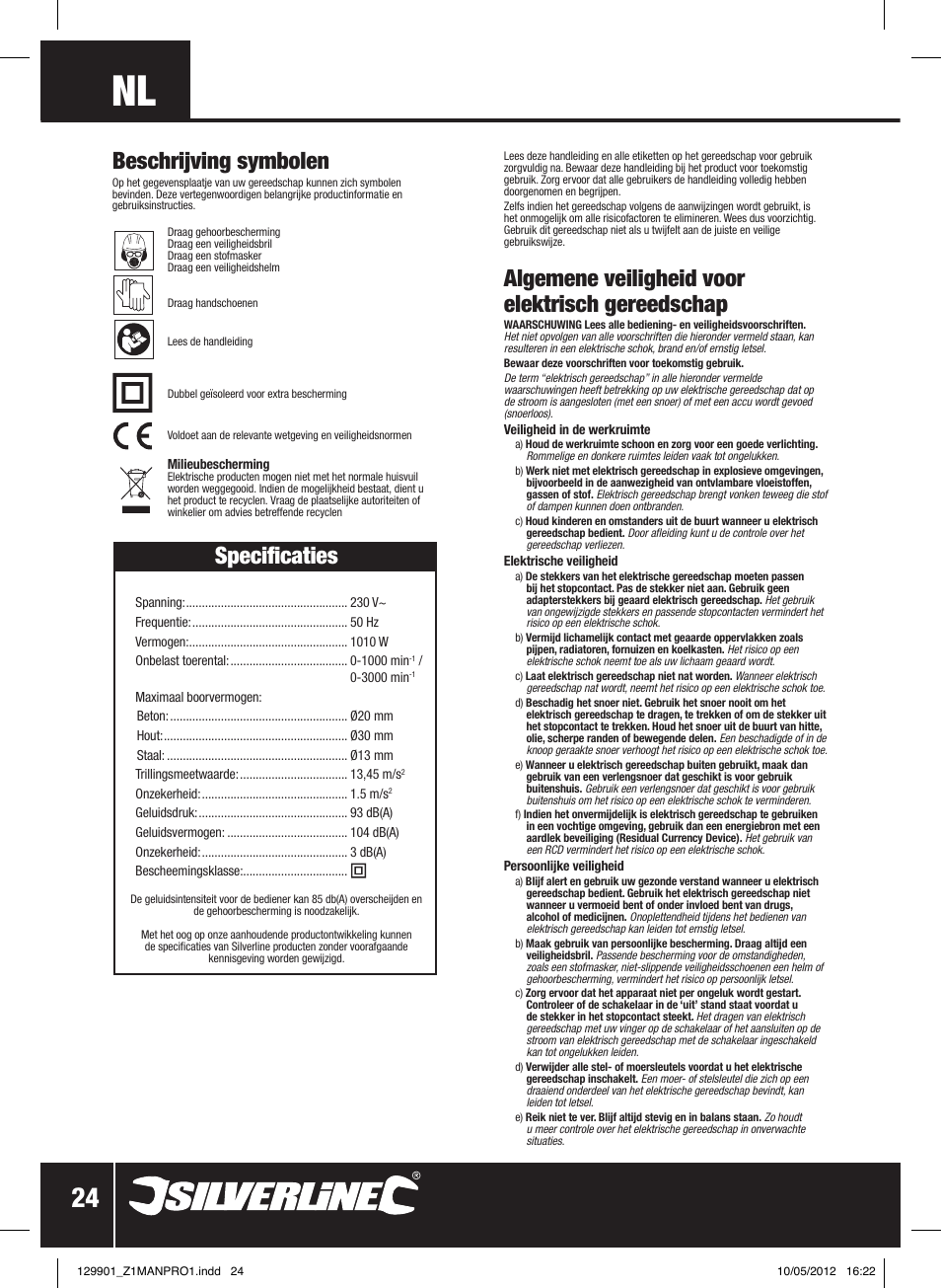 Specificaties, Beschrijving symbolen, Algemene veiligheid voor elektrisch gereedschap | Silverline 1010W Hammer Drill User Manual | Page 25 / 28