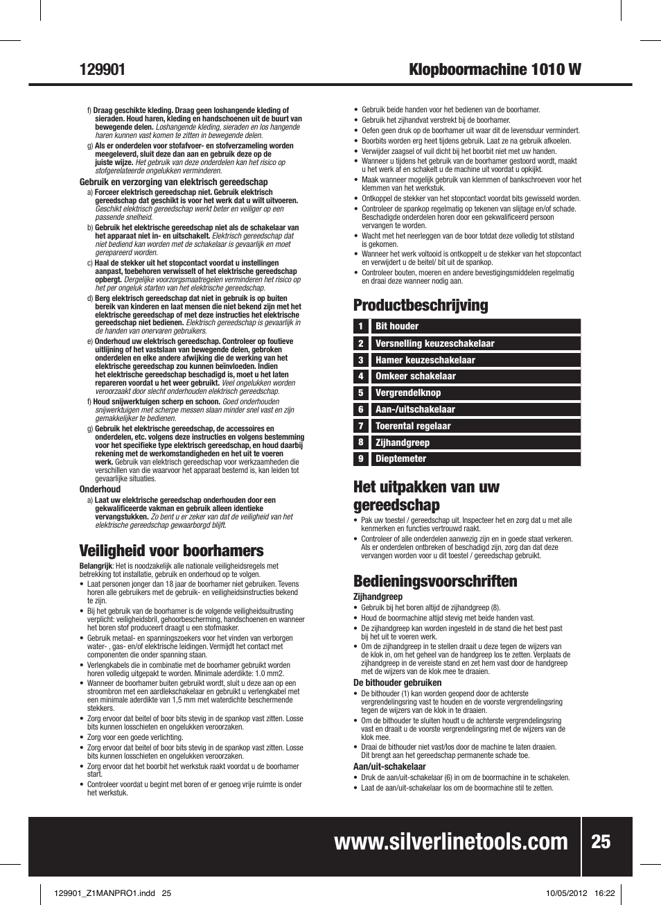 Het uitpakken van uw gereedschap, Bedieningsvoorschriften, Veiligheid voor boorhamers | Productbeschrijving | Silverline 1010W Hammer Drill User Manual | Page 26 / 28