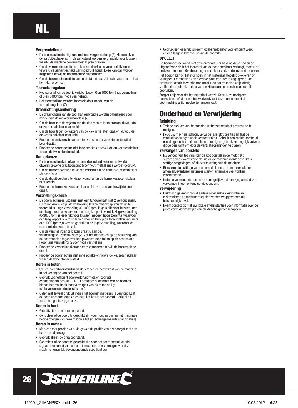 Onderhoud en verwijdering | Silverline 1010W Hammer Drill User Manual | Page 27 / 28