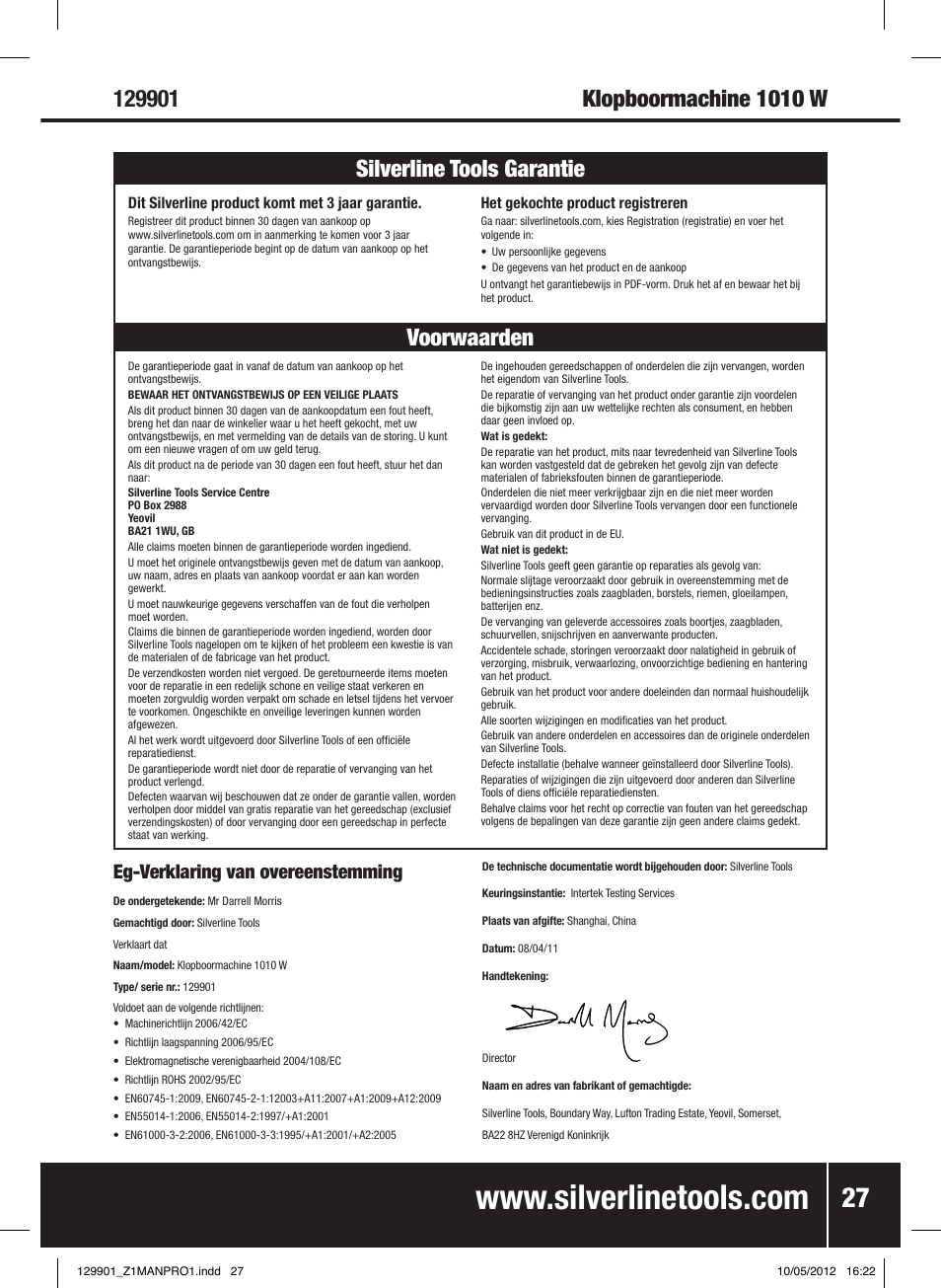 Voorwaarden silverline tools garantie, Eg-verklaring van overeenstemming | Silverline 1010W Hammer Drill User Manual | Page 28 / 28