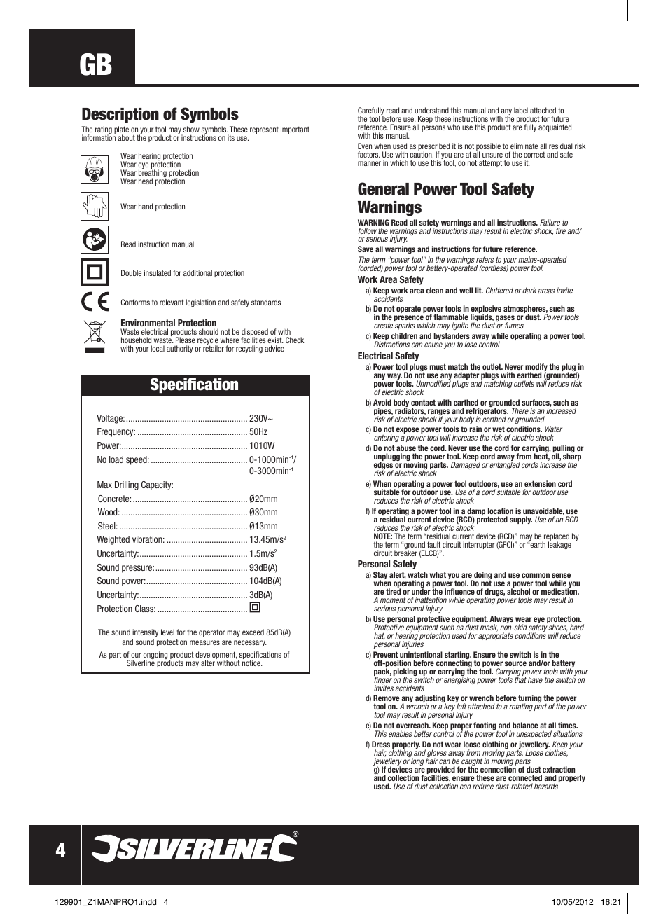 Description of symbols, Specification, General power tool safety warnings | Silverline 1010W Hammer Drill User Manual | Page 5 / 28