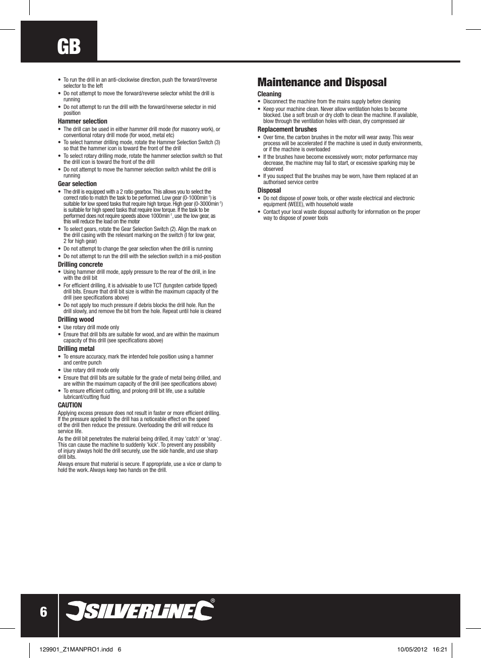 Maintenance and disposal | Silverline 1010W Hammer Drill User Manual | Page 7 / 28