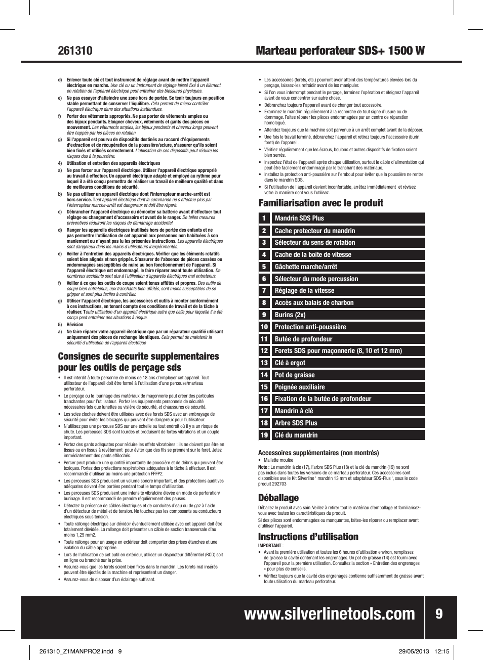 Familiarisation avec le produit, Déballage, Instructions d’utilisation | Silverline 1500W SDS Plus Hammer Drill User Manual | Page 10 / 28