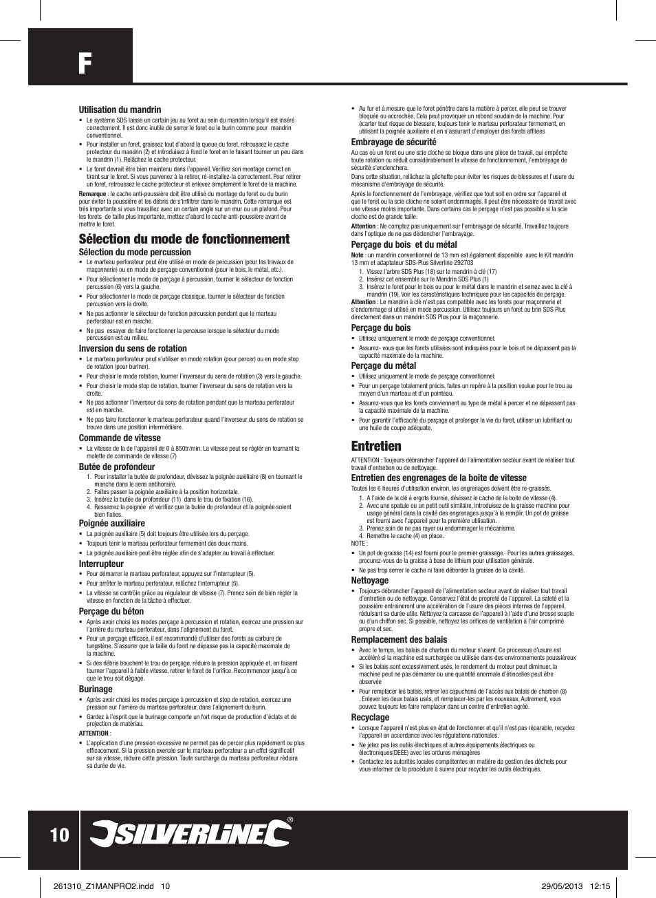 Sélection du mode de fonctionnement, Entretien | Silverline 1500W SDS Plus Hammer Drill User Manual | Page 11 / 28