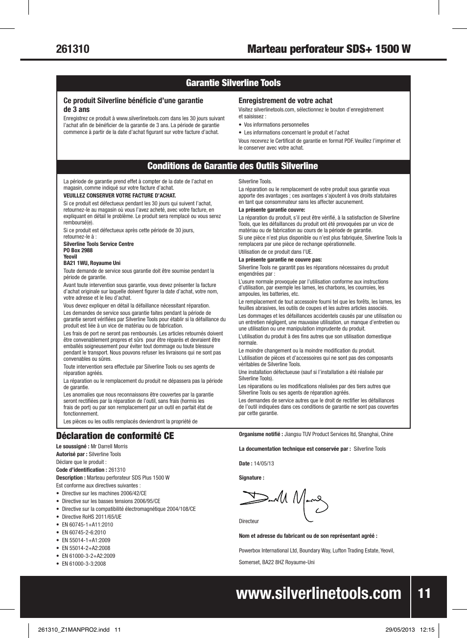 Déclaration de conformité ce | Silverline 1500W SDS Plus Hammer Drill User Manual | Page 12 / 28