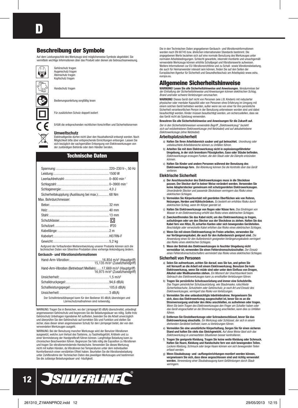 Allgemeine sicherheitshinweise, Beschreibung der symbole, Technische daten | Silverline 1500W SDS Plus Hammer Drill User Manual | Page 13 / 28