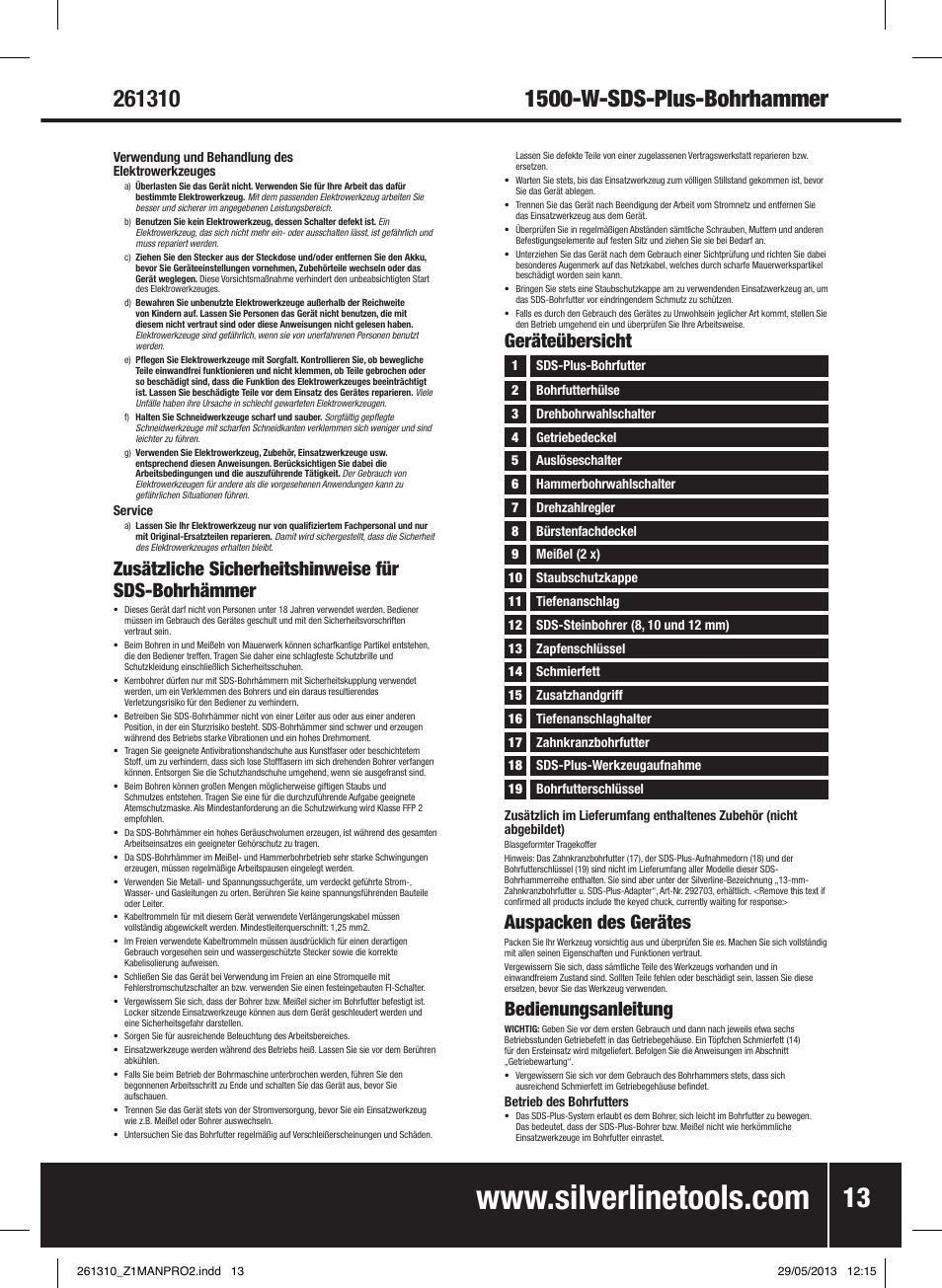 Zusätzliche sicherheitshinweise für sds-bohrhämmer, Geräteübersicht, Auspacken des gerätes | Bedienungsanleitung | Silverline 1500W SDS Plus Hammer Drill User Manual | Page 14 / 28