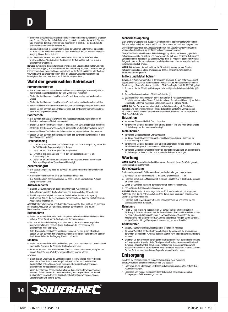 Wahl der gewünschten betriebsart, Wartung, Entsorgung | Silverline 1500W SDS Plus Hammer Drill User Manual | Page 15 / 28