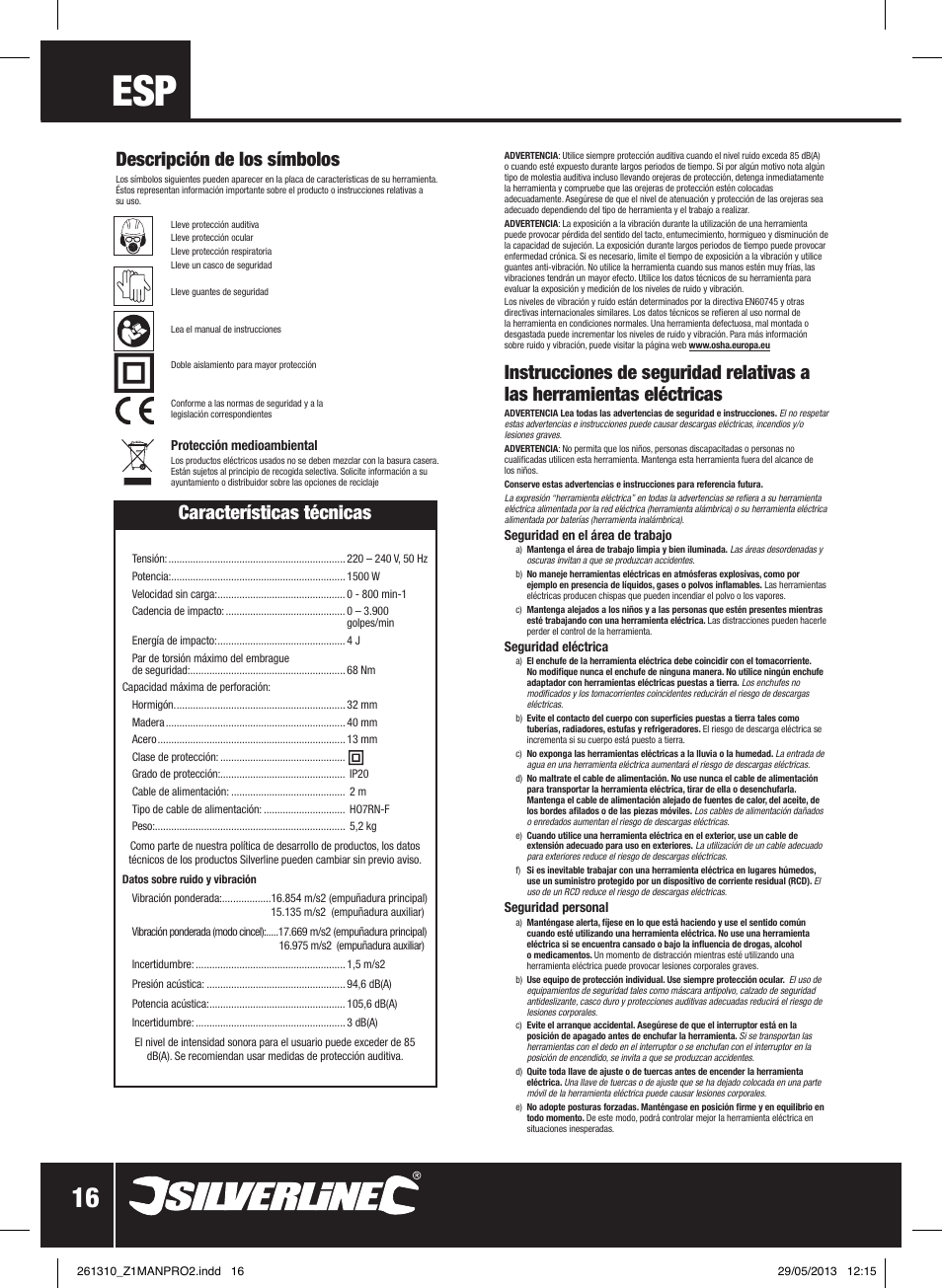 Descripción de los símbolos, Características técnicas | Silverline 1500W SDS Plus Hammer Drill User Manual | Page 17 / 28