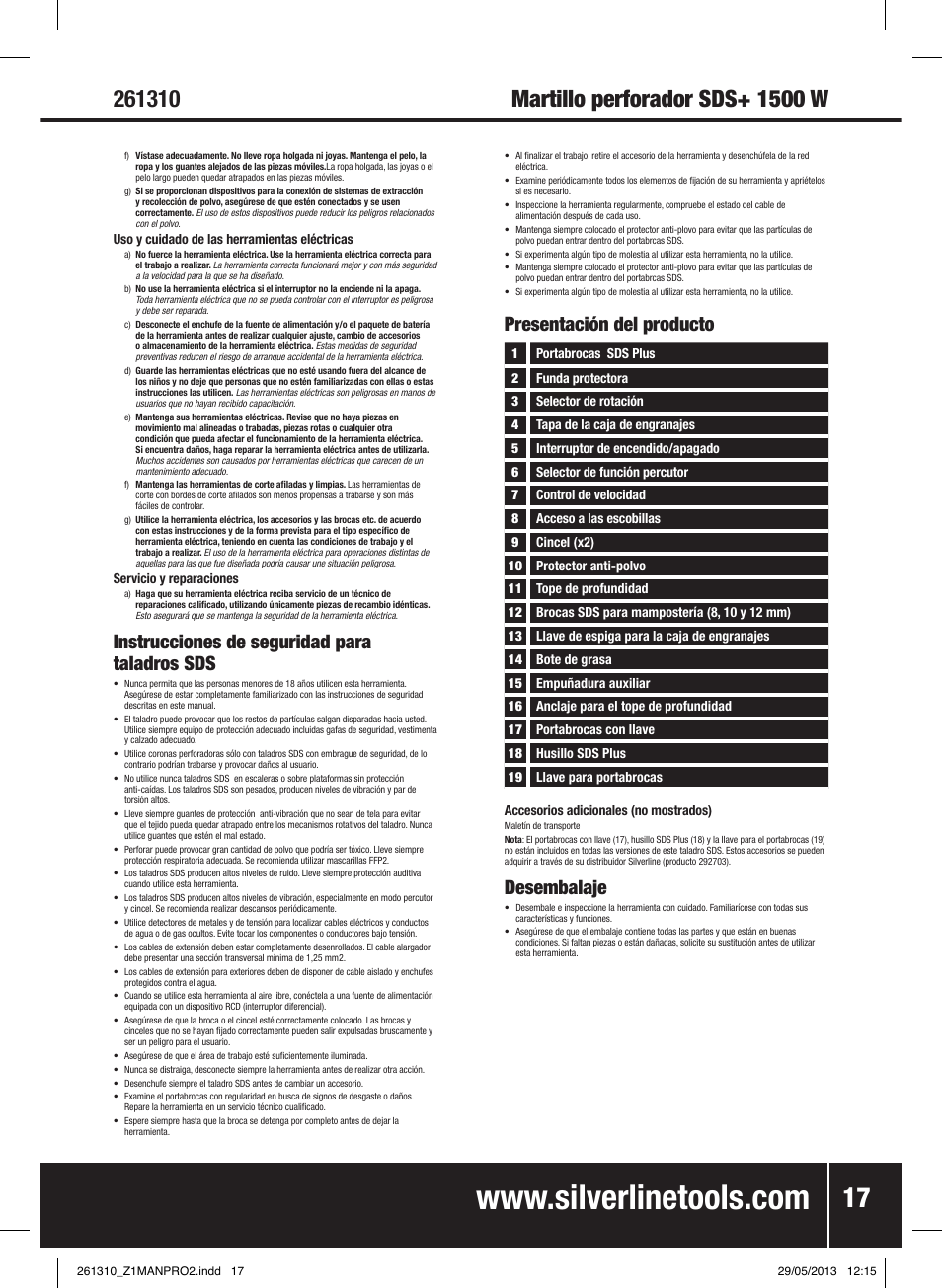 Instrucciones de seguridad para taladros sds, Presentación del producto, Desembalaje | Silverline 1500W SDS Plus Hammer Drill User Manual | Page 18 / 28