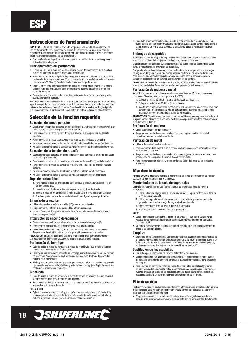 Instrucciones de funcionamiento, Selección de la función requerida, Mantenimiento | Eliminación | Silverline 1500W SDS Plus Hammer Drill User Manual | Page 19 / 28